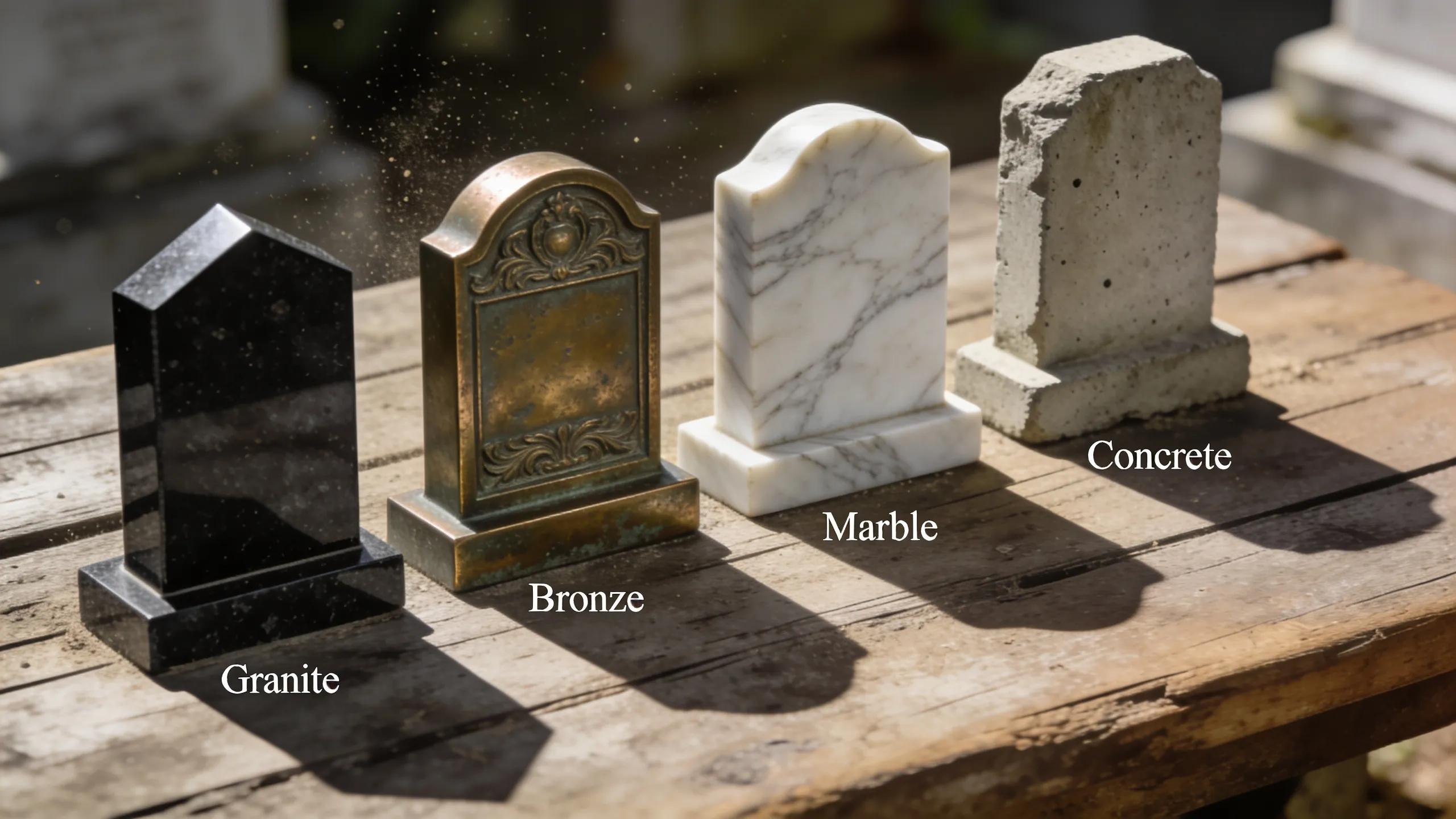 Types of Capital Grave Markers for Lasting Tributes 2 Close-up of granite, bronze, marble, and concrete materials for grave markers, showcasing their uniqueness