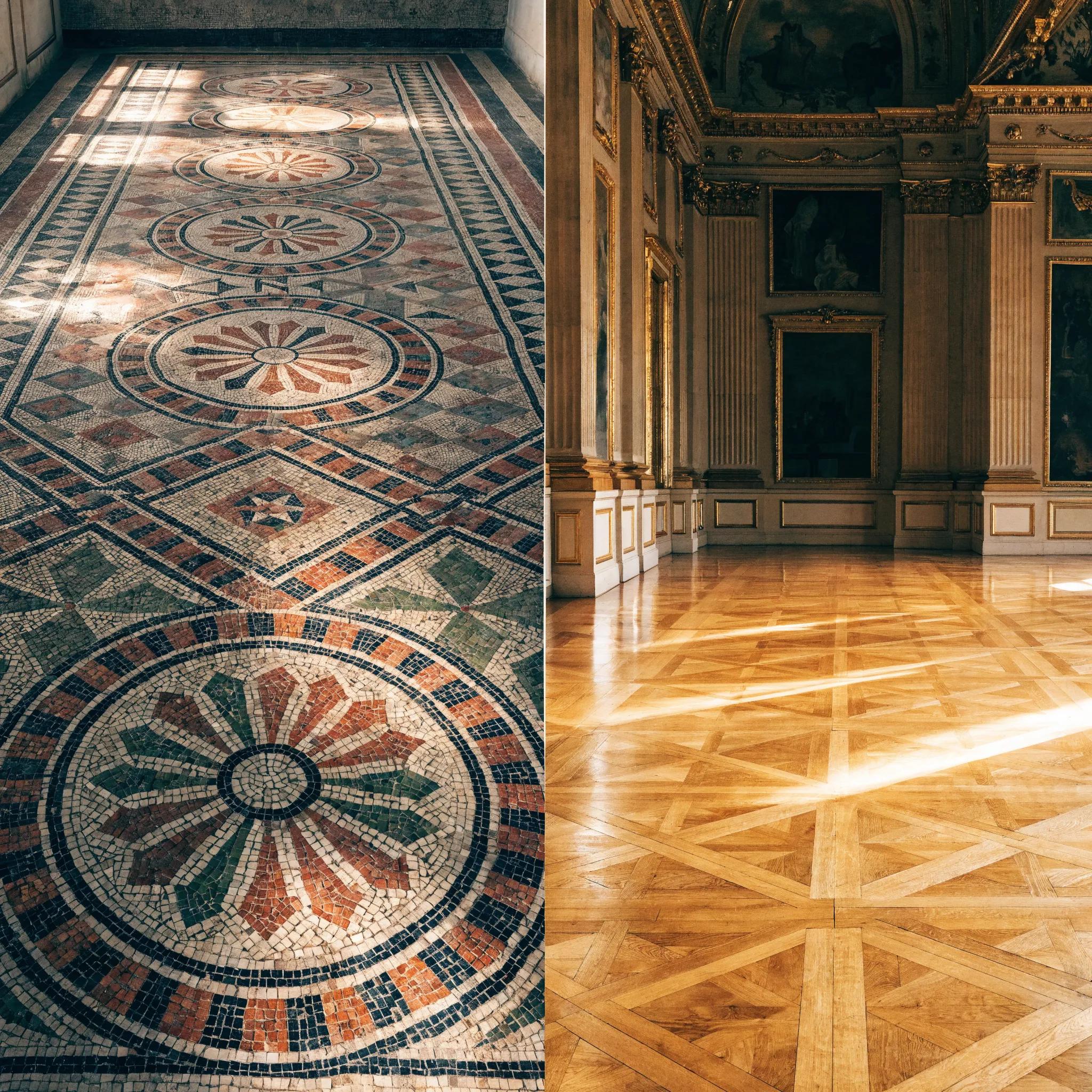 Illustration of historical floors, featuring Roman mosaics and Versailles parquet