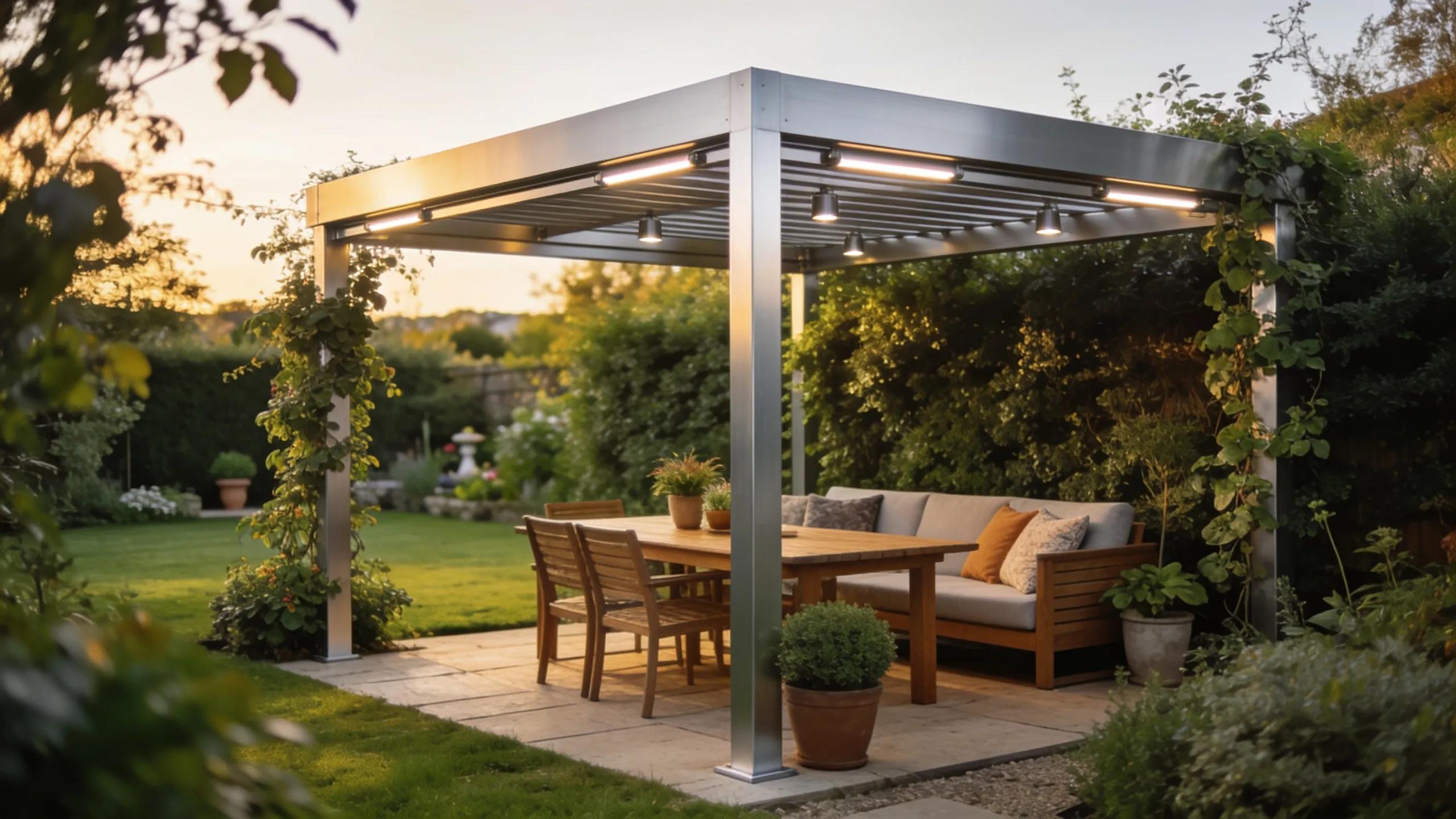 Modern aluminium pergola enhancing a UK garden with outdoor seating