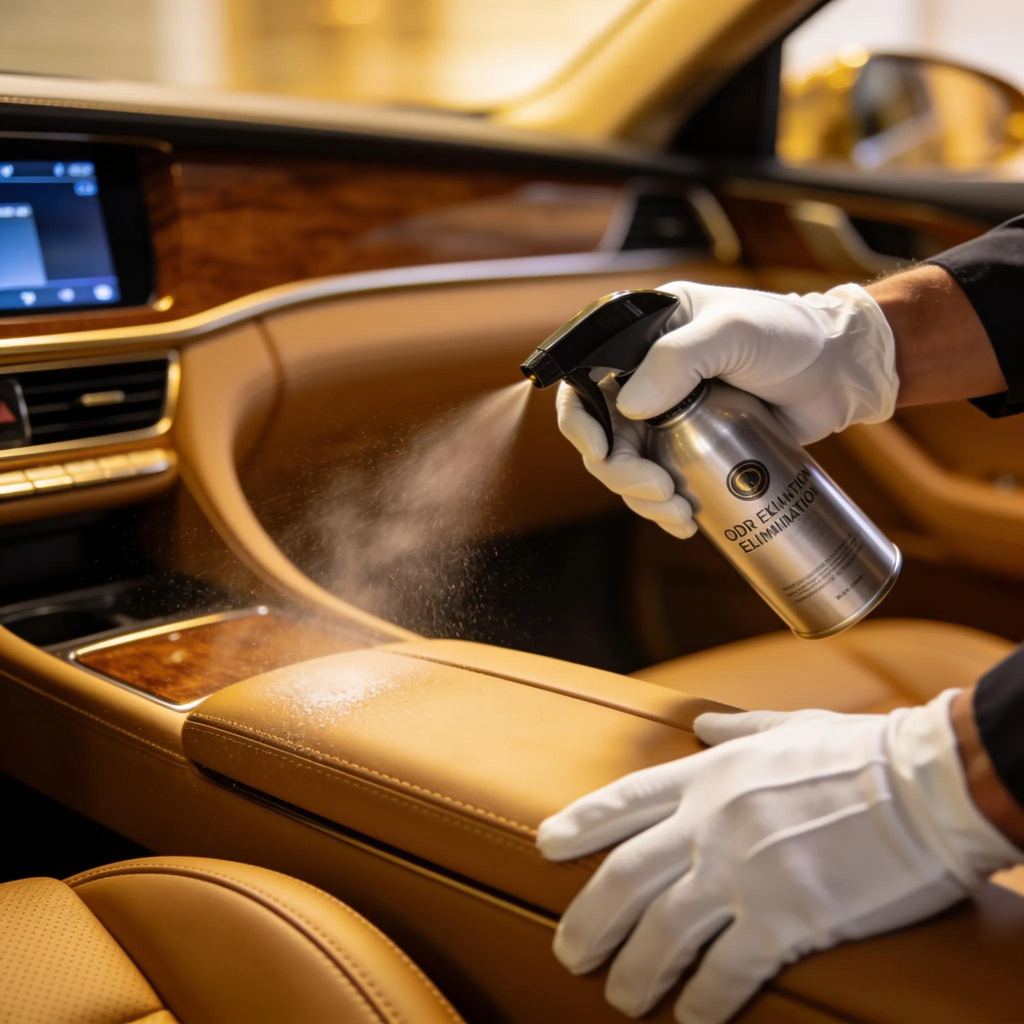Detailer applying odor elimination treatment in luxury car interior