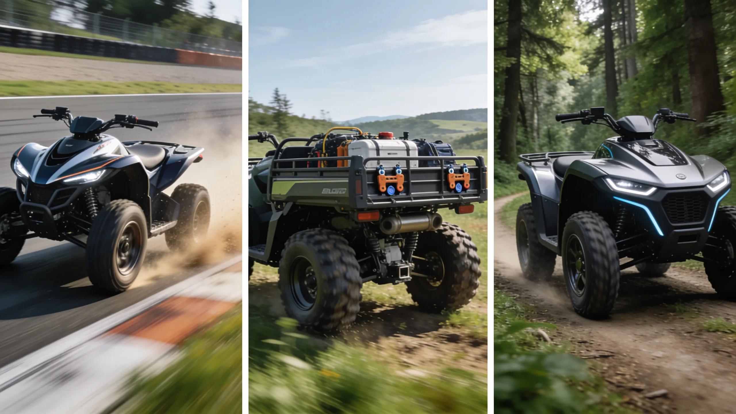 Three types of ATVs: Sport ATV on a racing track, Utility ATV carrying equipment, and Electric ATV in a serene forest, highlighting their distinct features
