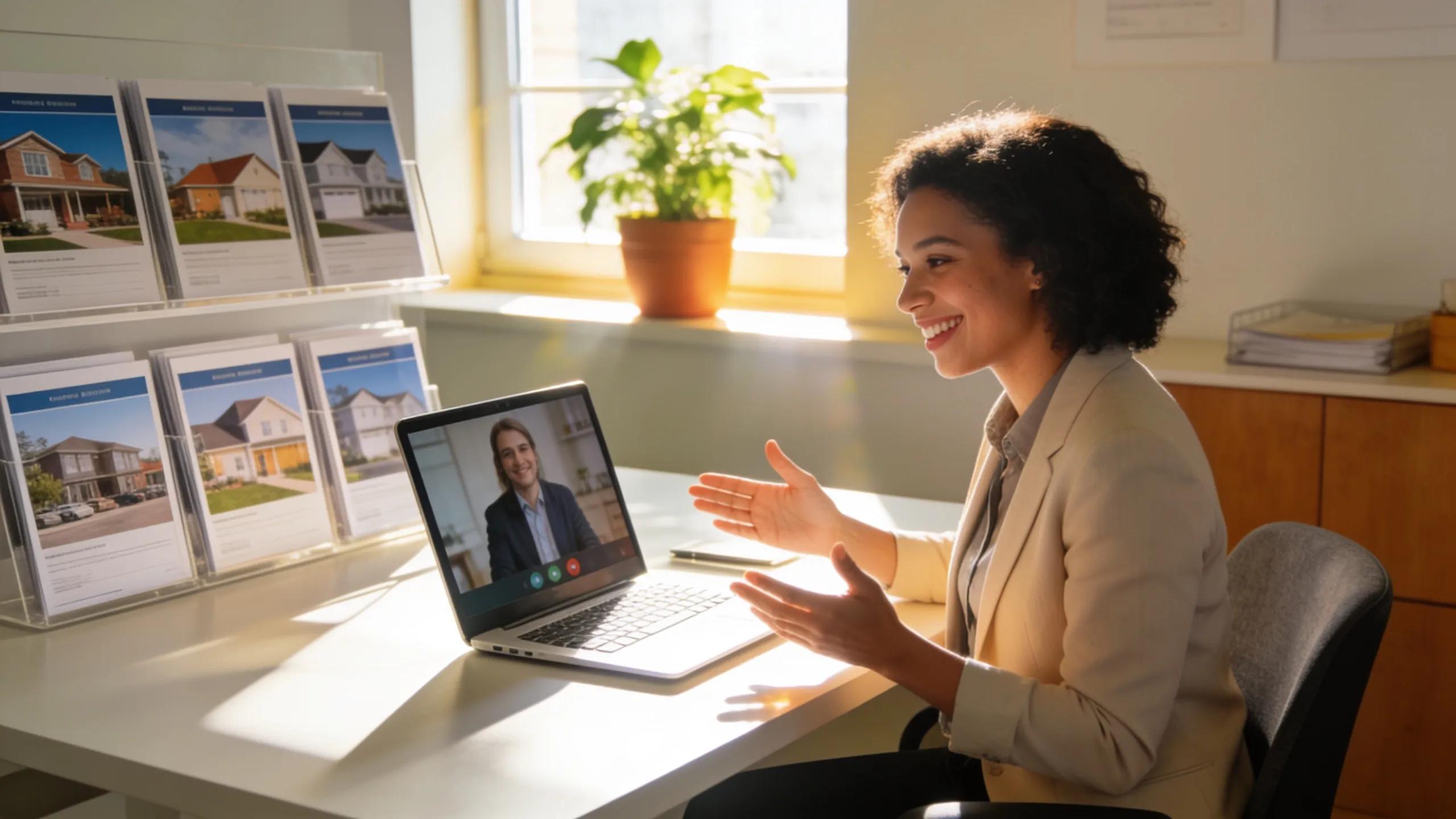 Real estate coach interacting with a client in a bright office environment, emphasizing personal connection and engagement.