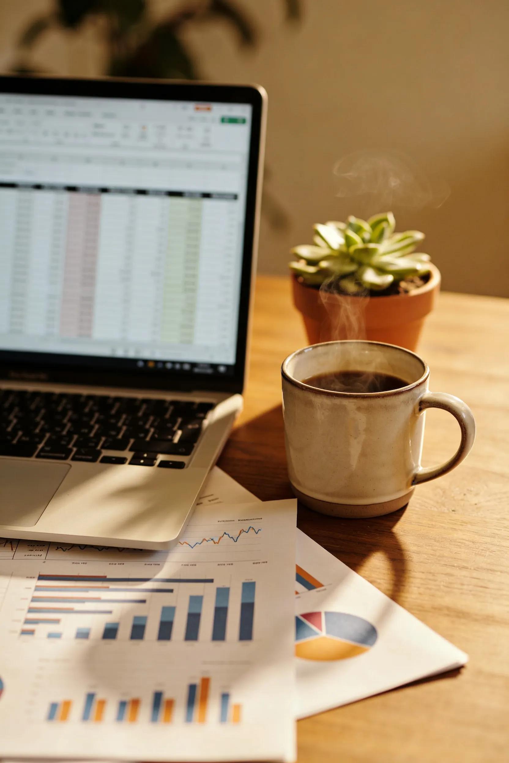 Cozy workspace with financial documents and laptop representing fundability in business