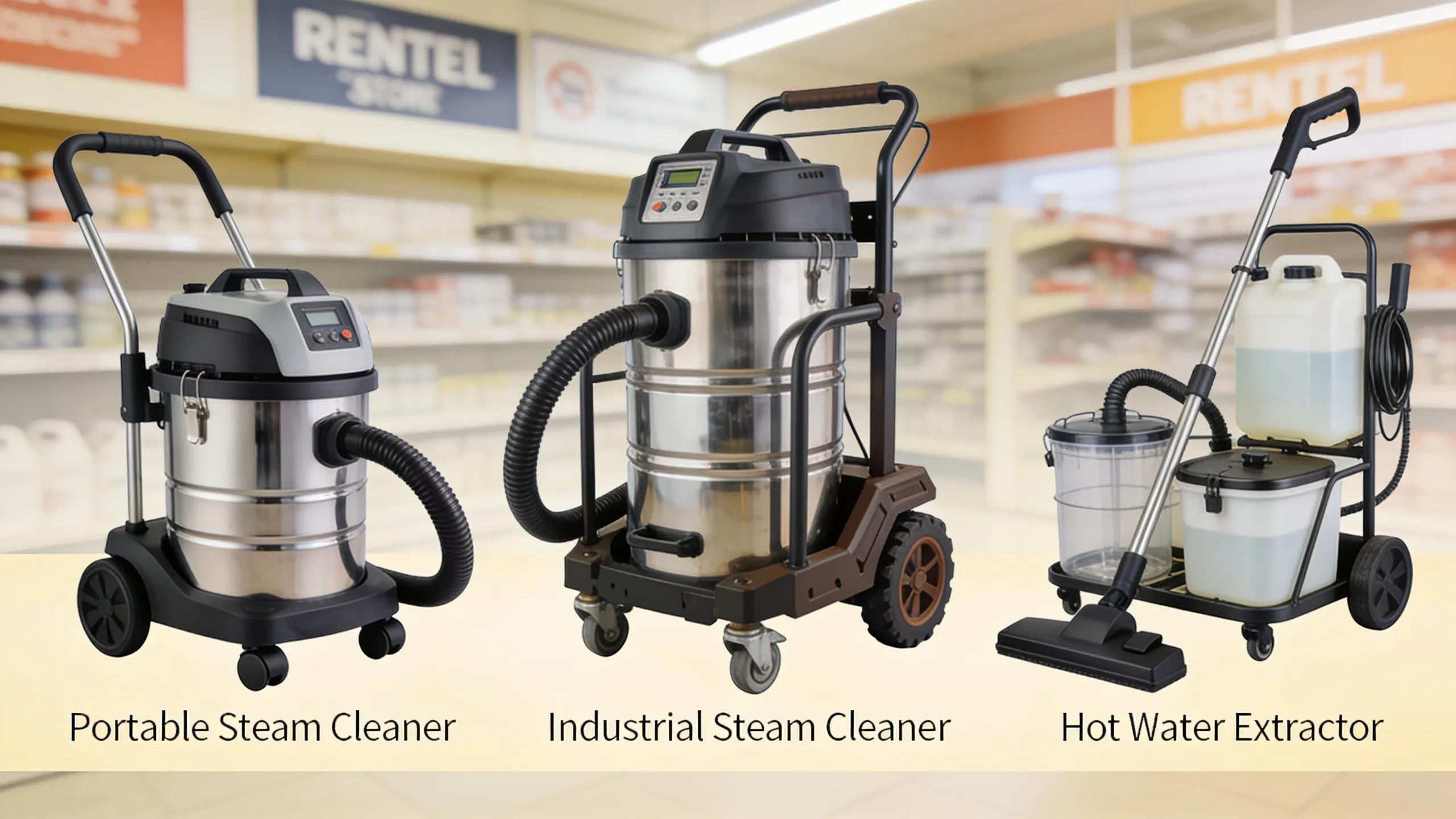 Variety of steam cleaners for hire including portable, industrial, and hot water extractor models