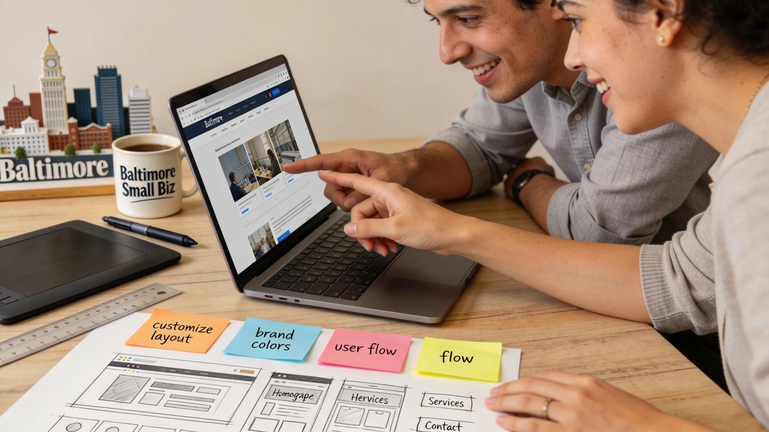 Designer and client collaborating on a customized website design, emphasizing the personalization of affordable services