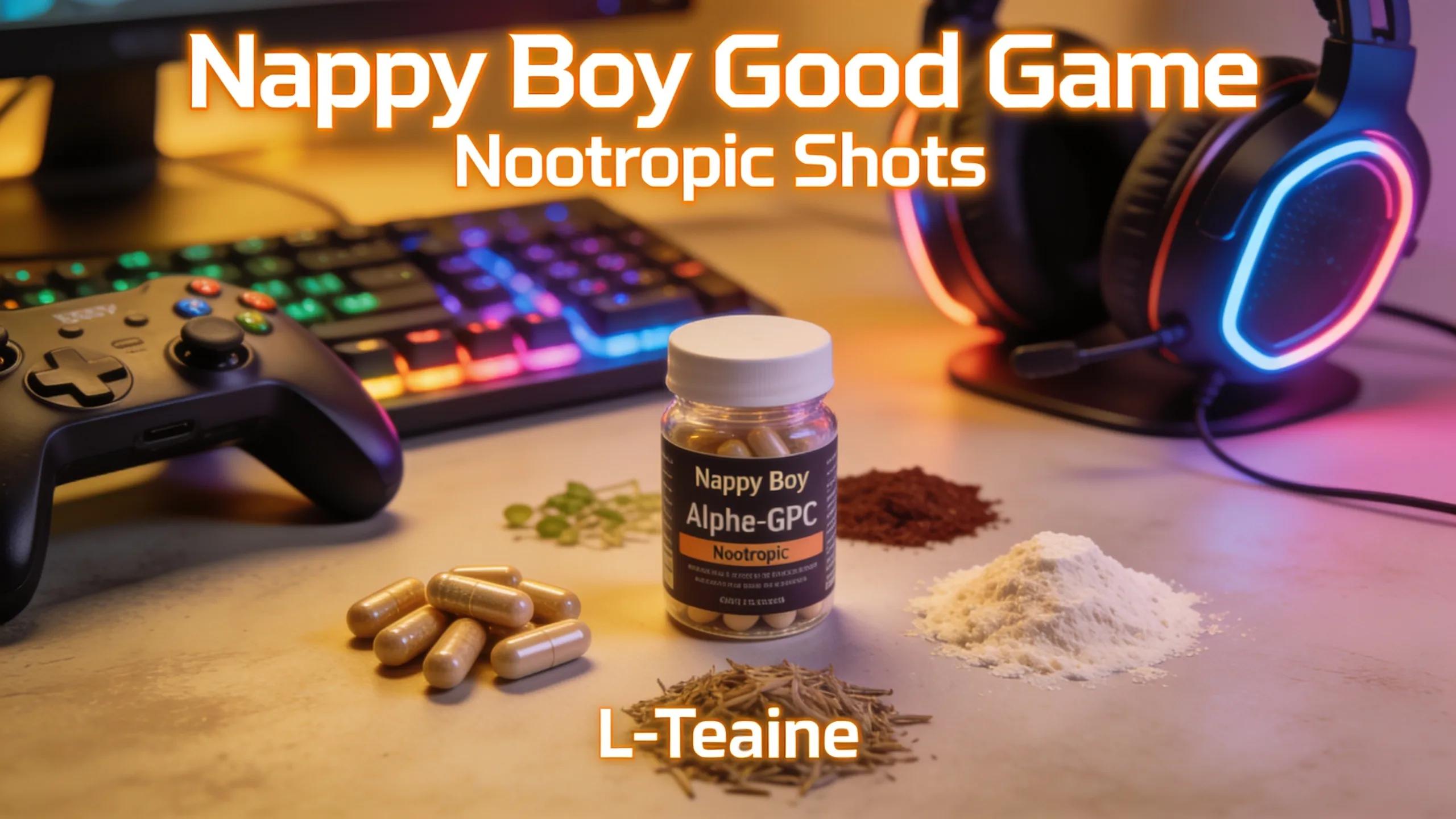 Artistic representation of ingredients in Nappy Boy Good Game Nootropic Shots, showcasing their cognitive enhancement properties.