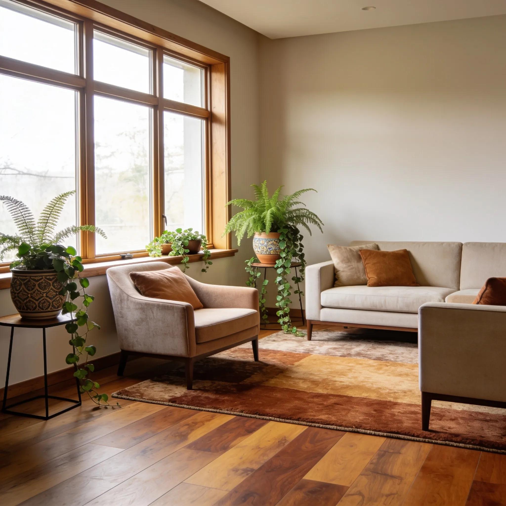 Cozy living room showcasing sustainable hardwood floors, warm natural light, and modern decor