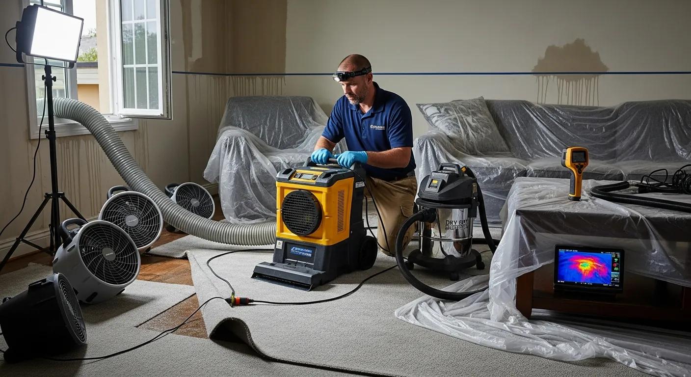 Water damage restoration technician using advanced equipment in a home setting
