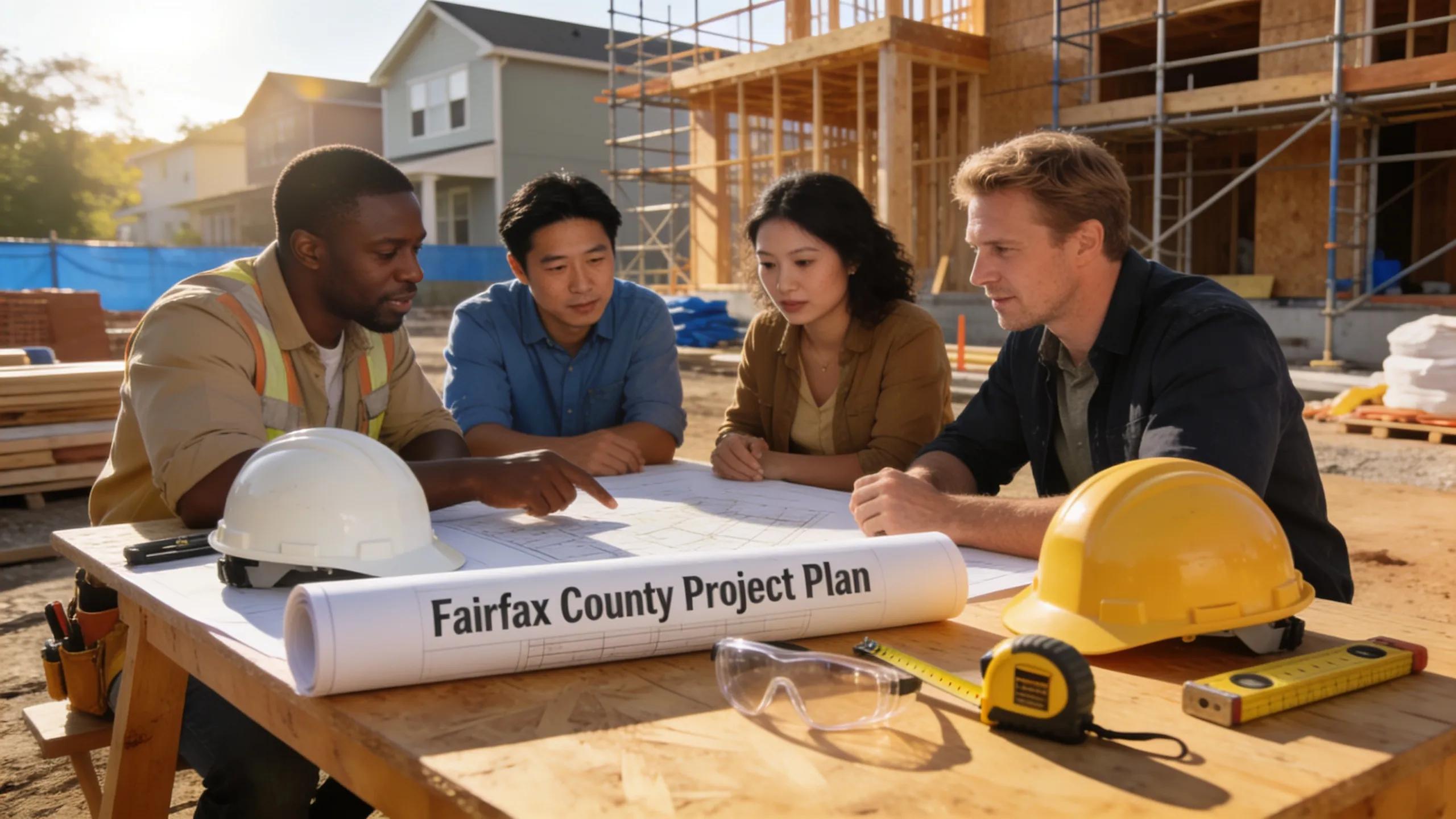 Fairfax County construction team reviewing blueprints on site