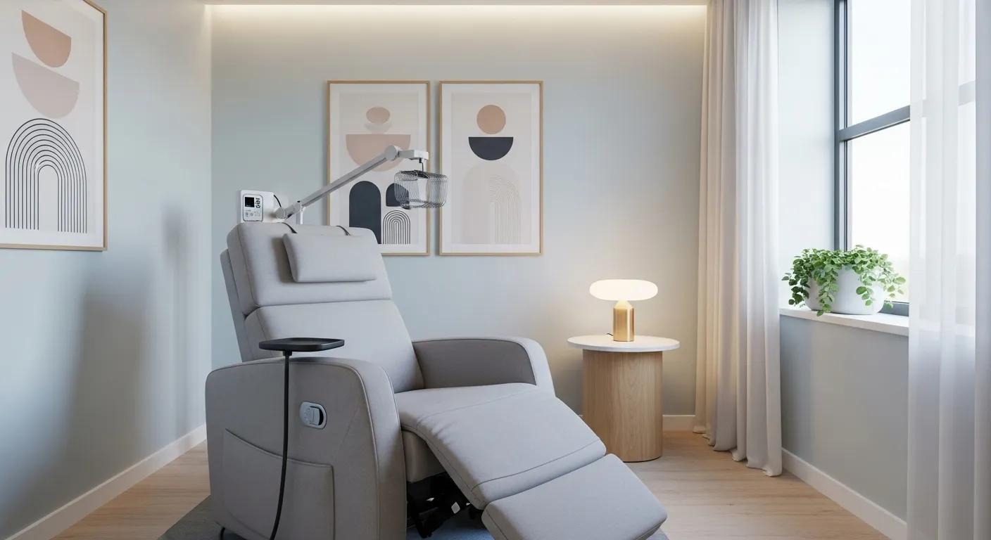 Modern TMS therapy room with calming decor and comfortable treatment chair