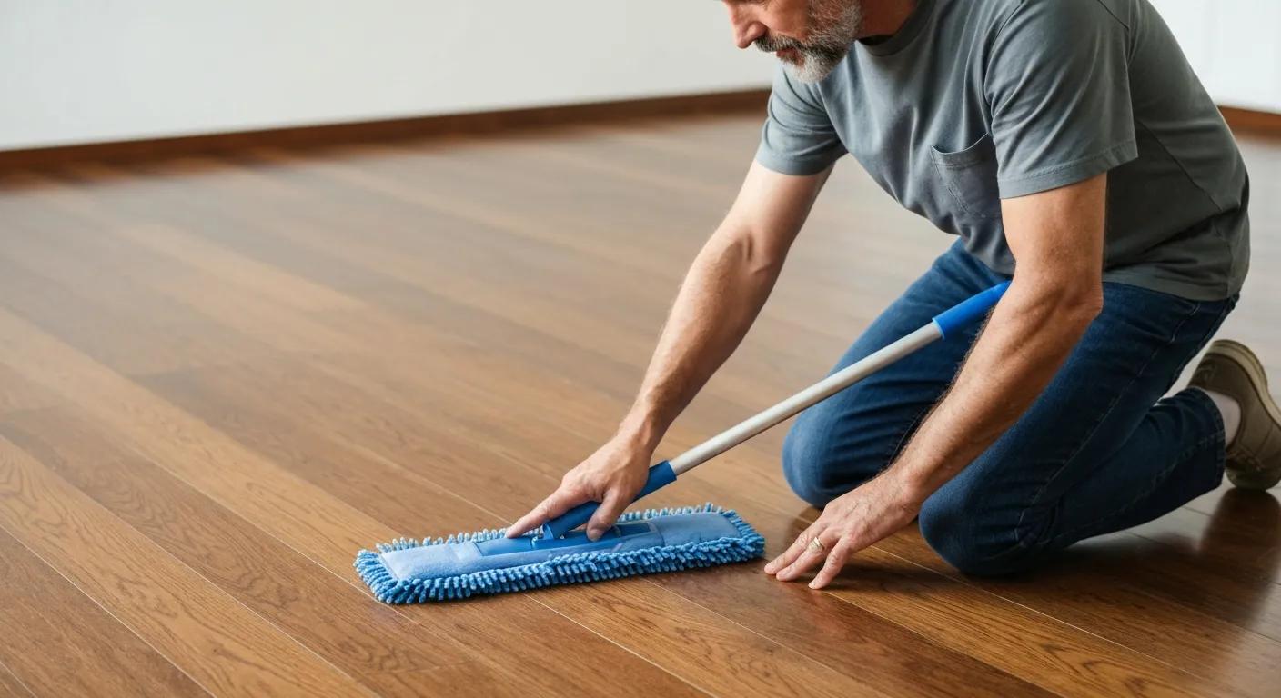 Person using a microfibre mop on a hardwood floor — a correct cleaning method to protect the finish