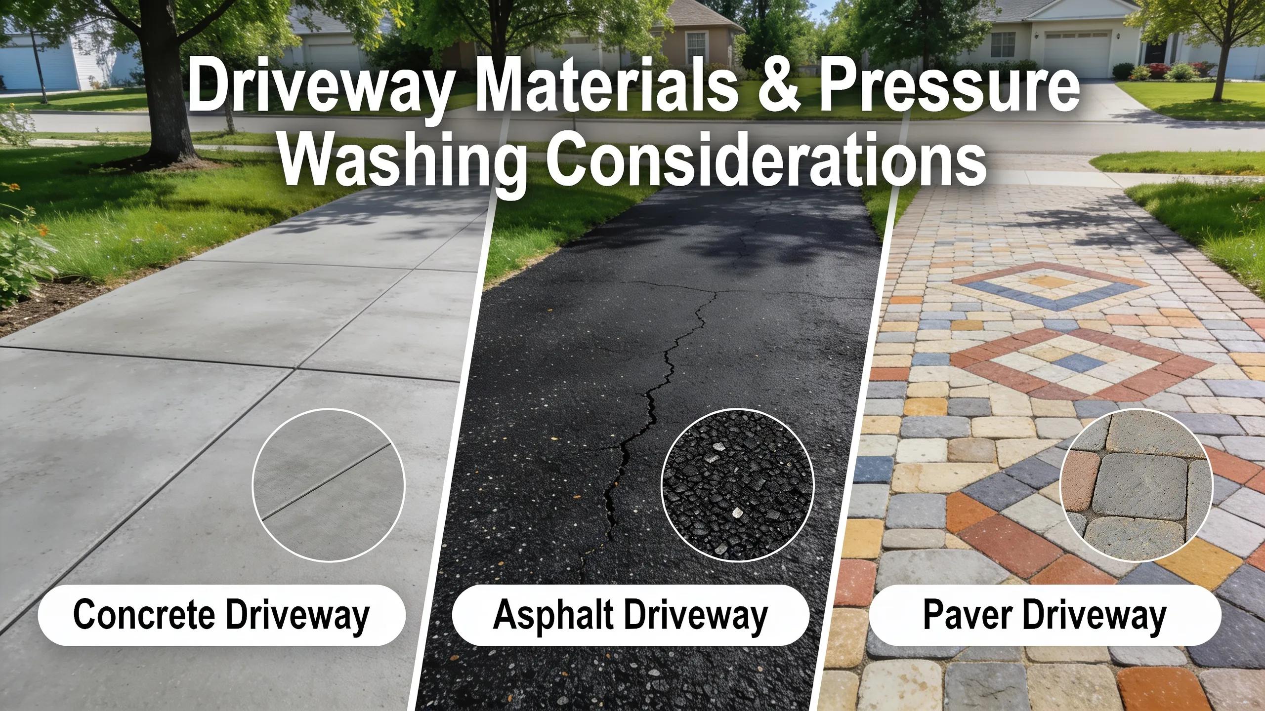 Different types of driveway materials including concrete, asphalt, and pavers, highlighting their characteristics and relevance to pressure washing pricing.