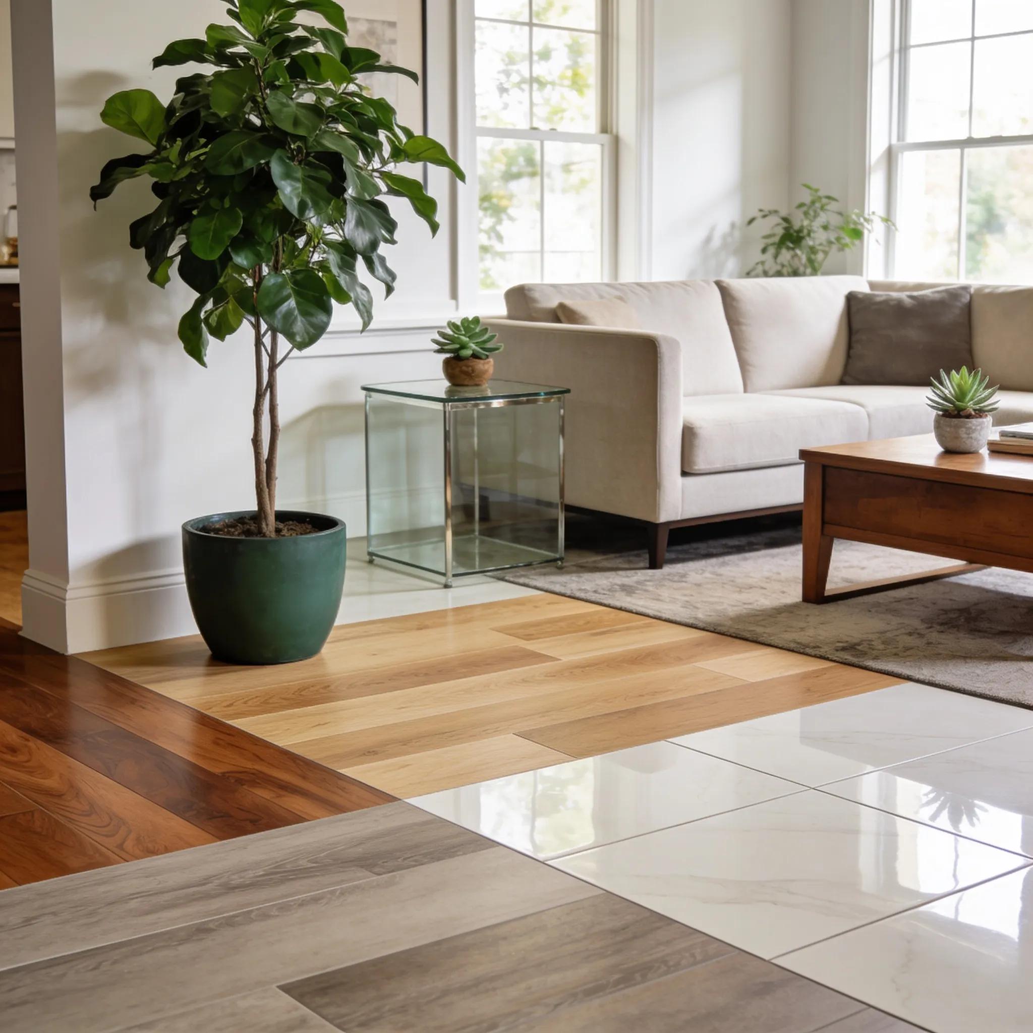 Samples of hardwood, vinyl, tile, and laminate displayed in a modern living room