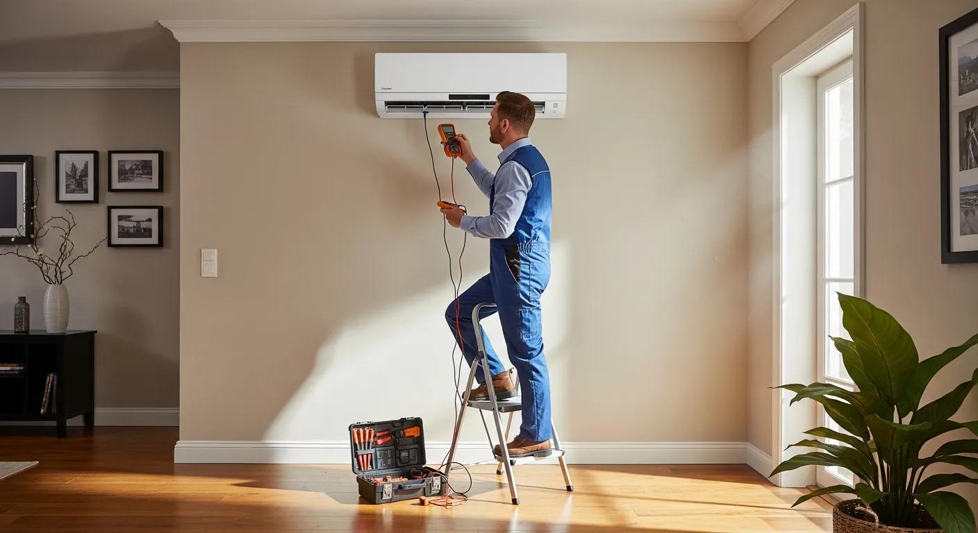 Technician servicing a Mitsubishi mini‑split in a residential home