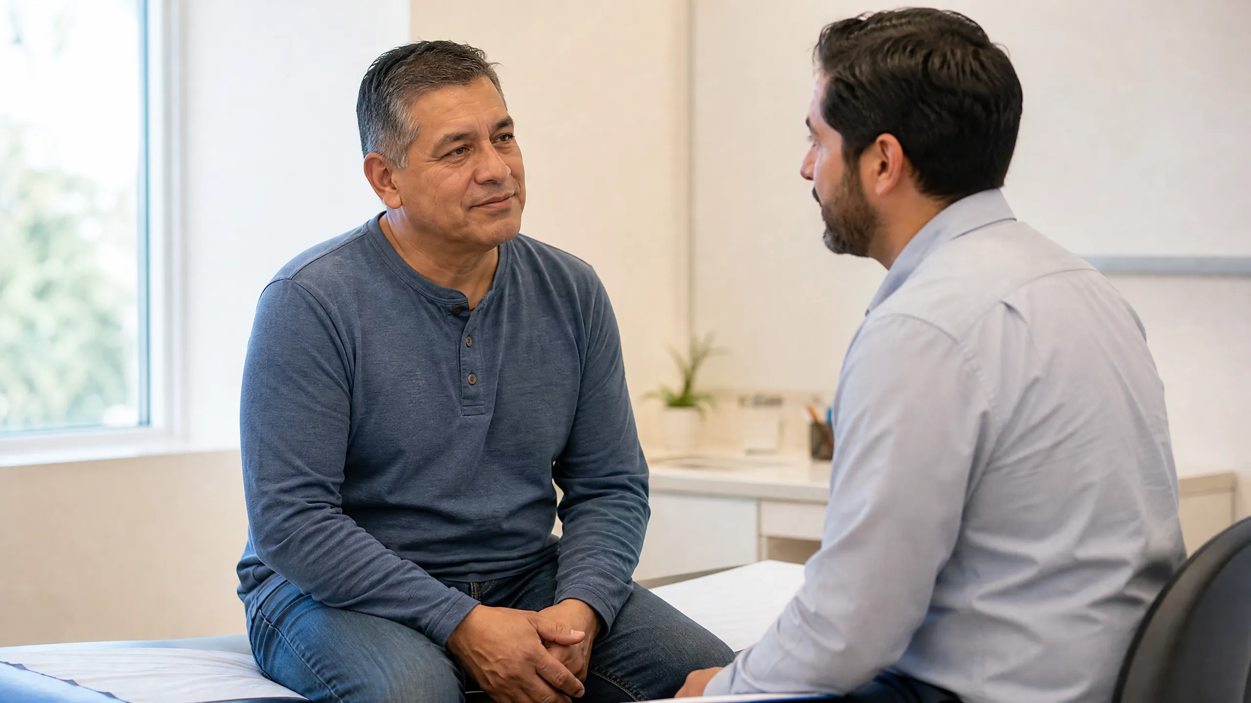 Man in his 50s talking with his doctor in a bright clinic exam room