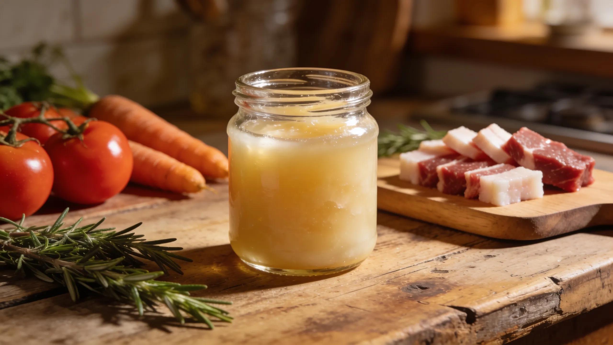 Rendered beef tallow jar with fresh vegetables and grass-fed beef fat on a wooden kitchen countertop