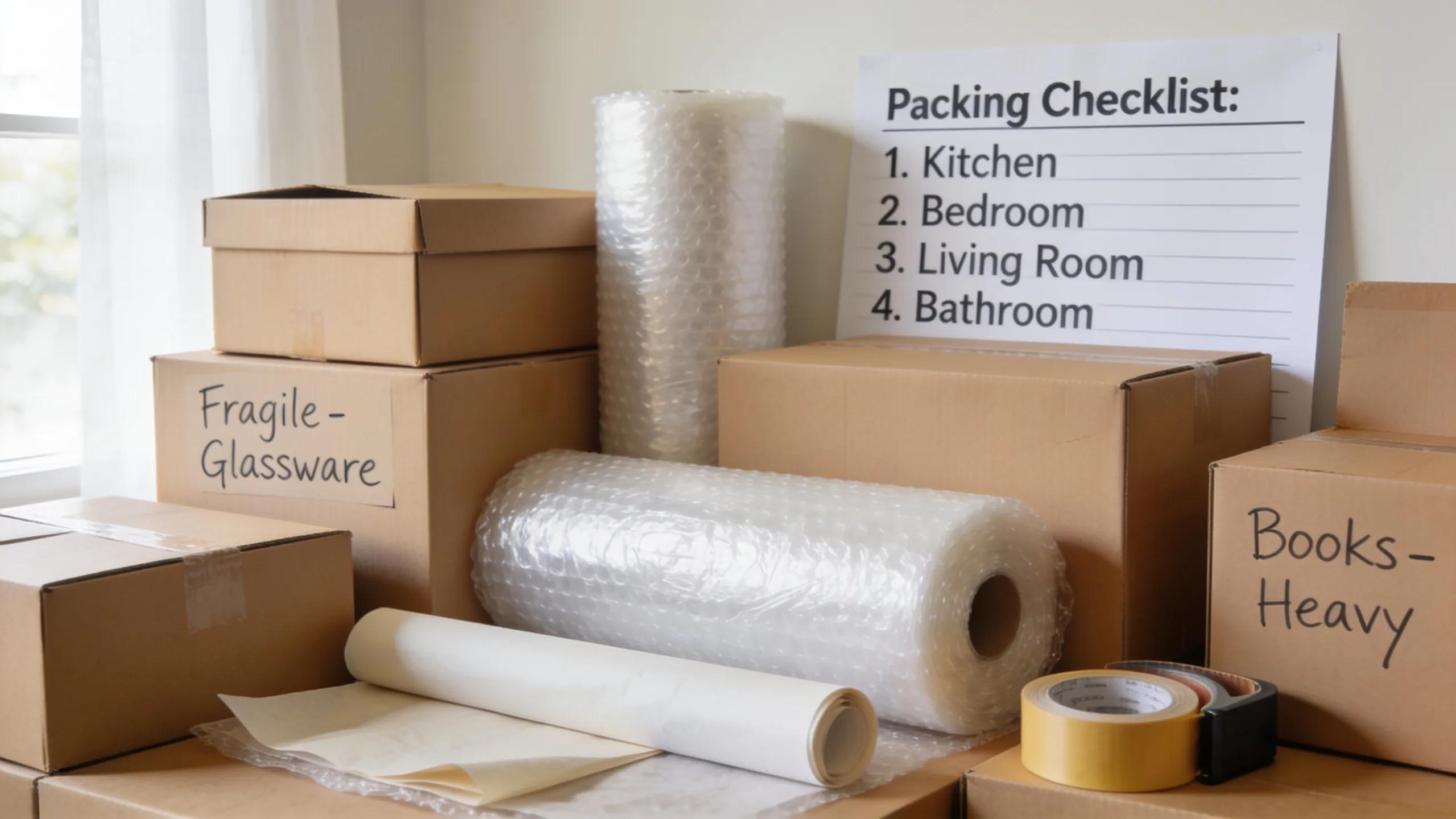 Organized packing materials for a long-distance move with labels and checklist