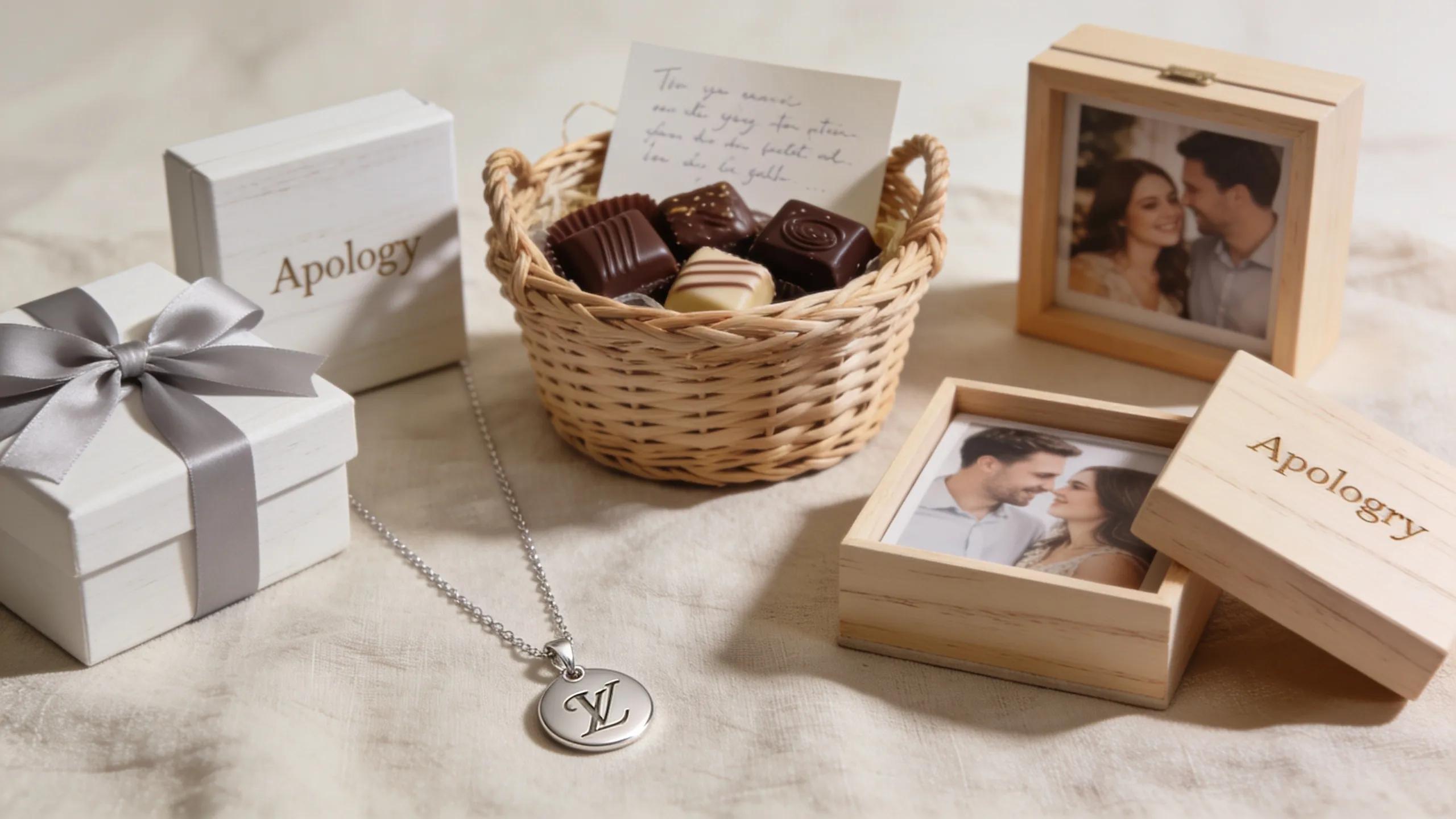 A collection of personalized apology gifts including customized jewelry and gift baskets symbolizing heartfelt connections