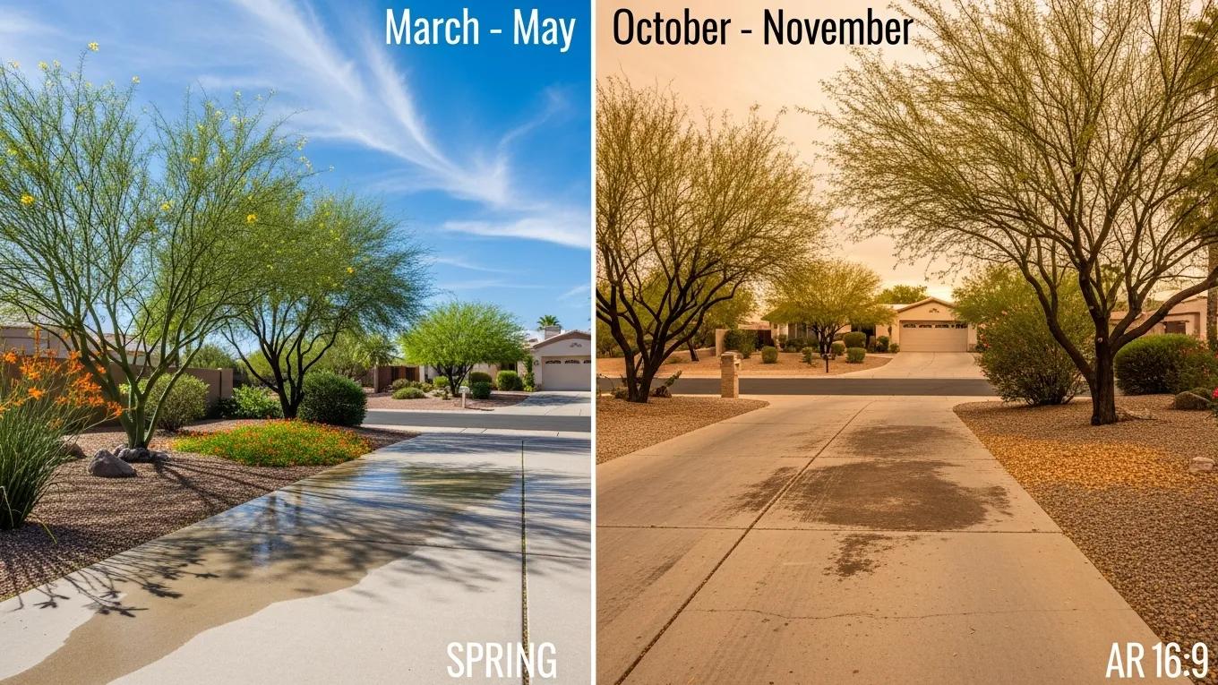 Seasonal representation of spring and fall, highlighting optimal times for driveway pressure washing in Phoenix, AZ