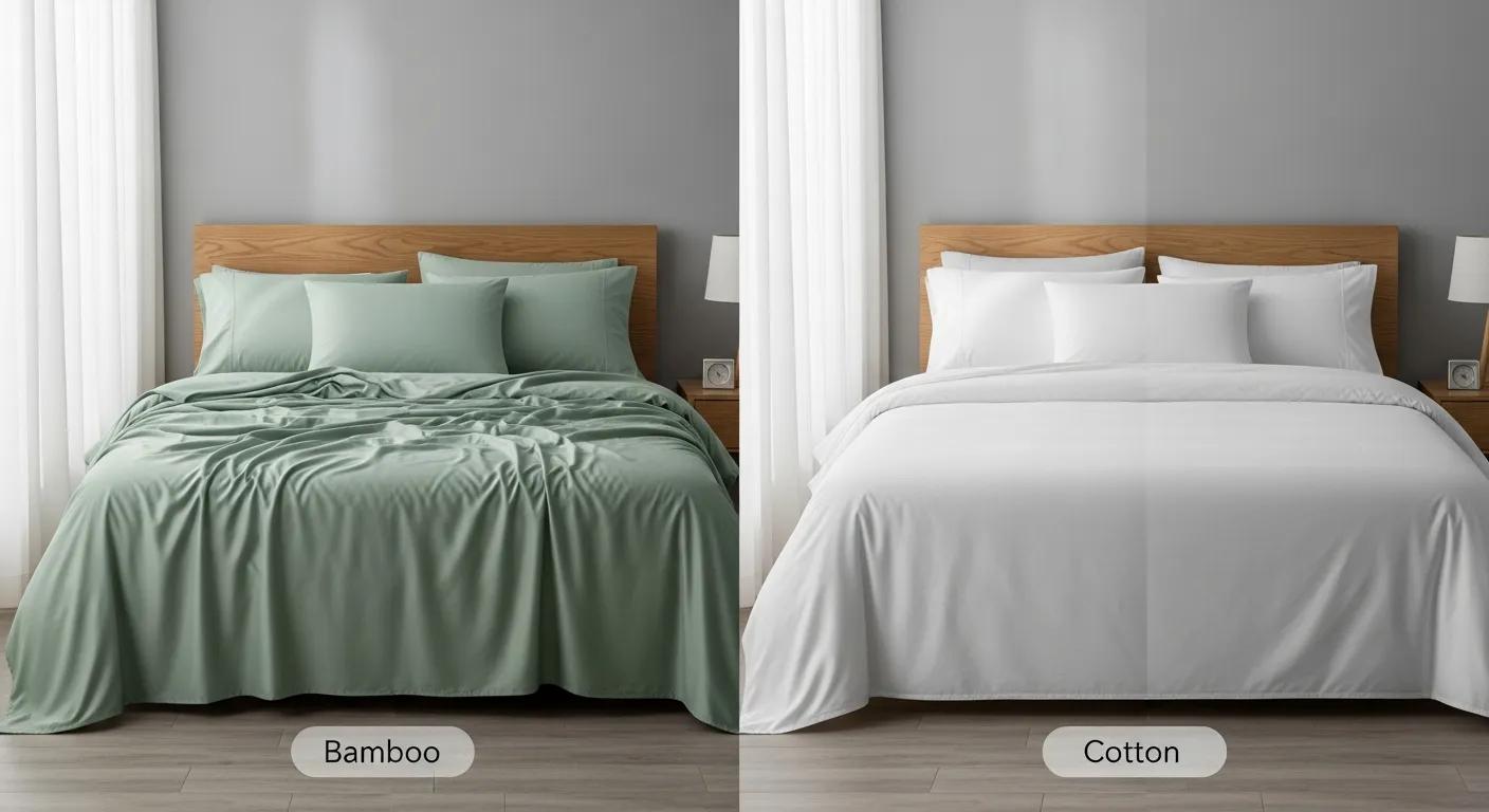 Bamboo and cotton sheets compared visually in a modern bedroom