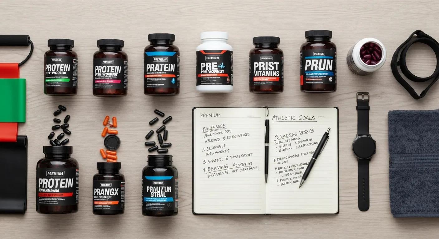 Flat lay of premium supplement bottles and a notebook for planning athletic goals