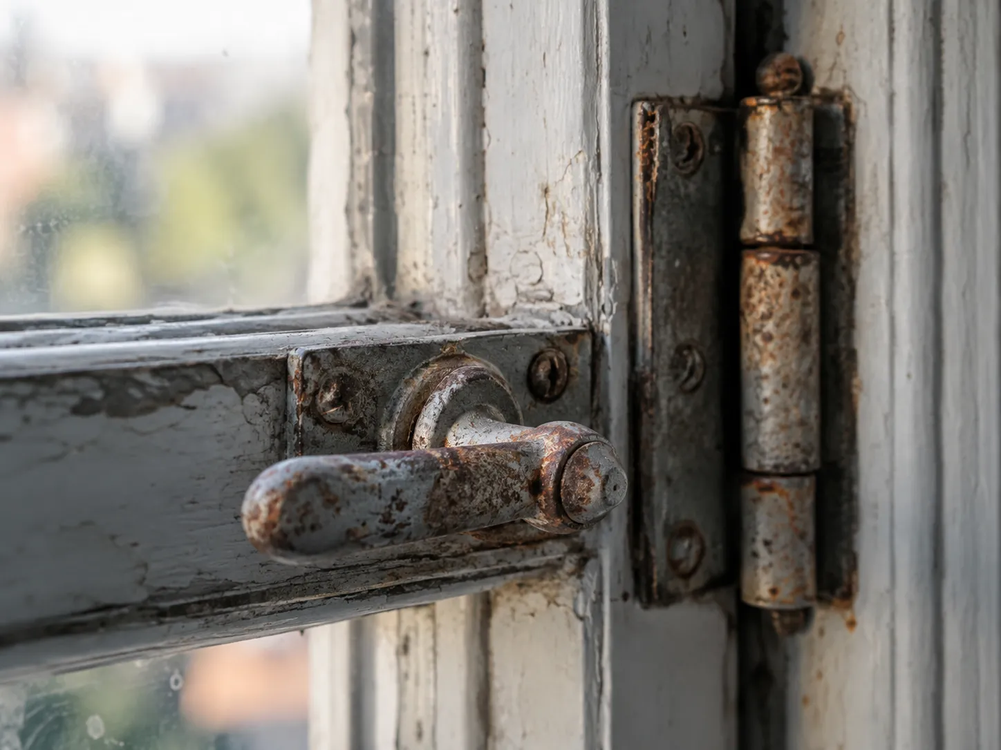 Corroded window hardware caused by coastal salt air exposure