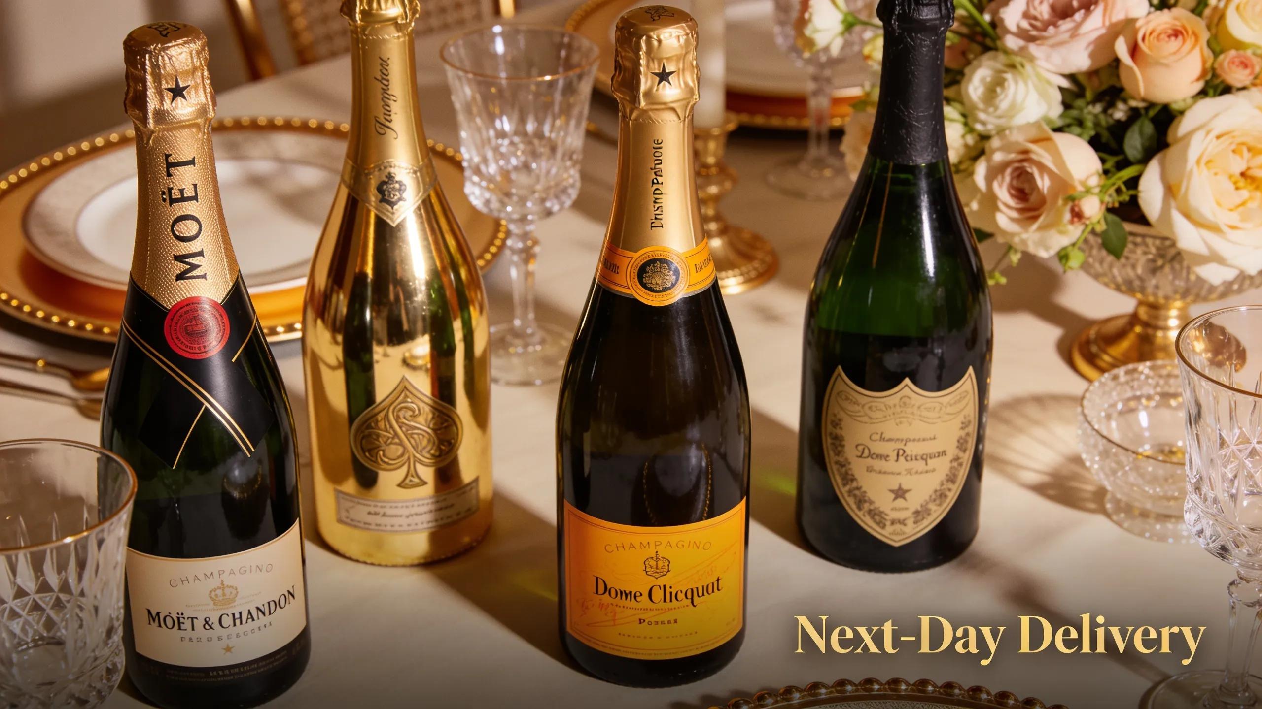 A selection of luxury champagne brands available for next day delivery, showcasing premium gifting options