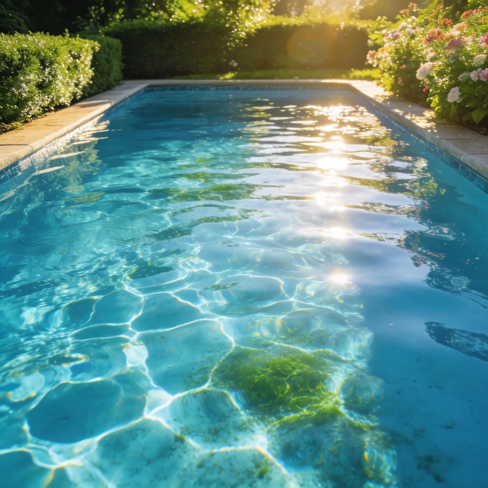 Clean swimming pool in a lush garden, representing successful algae removal and inviting atmosphere