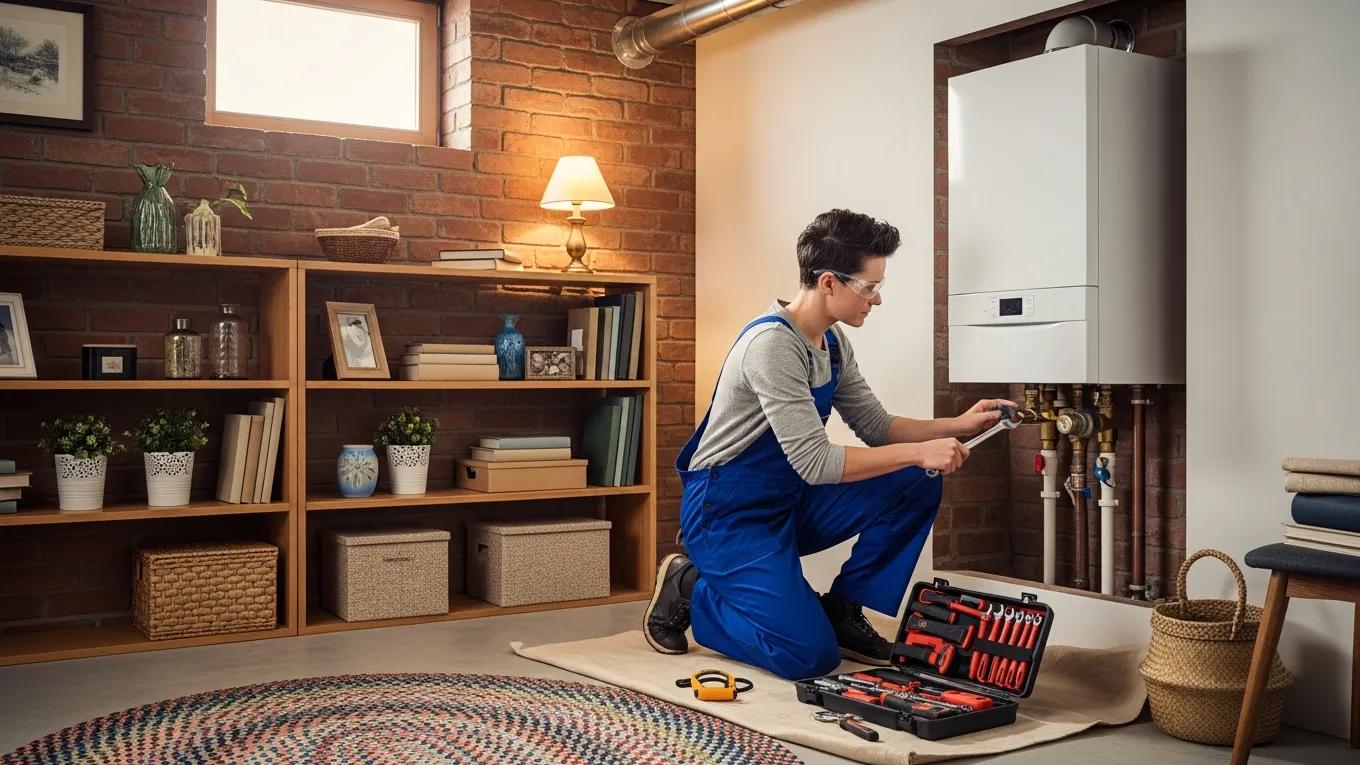 Technician performing boiler maintenance in a cozy home environment