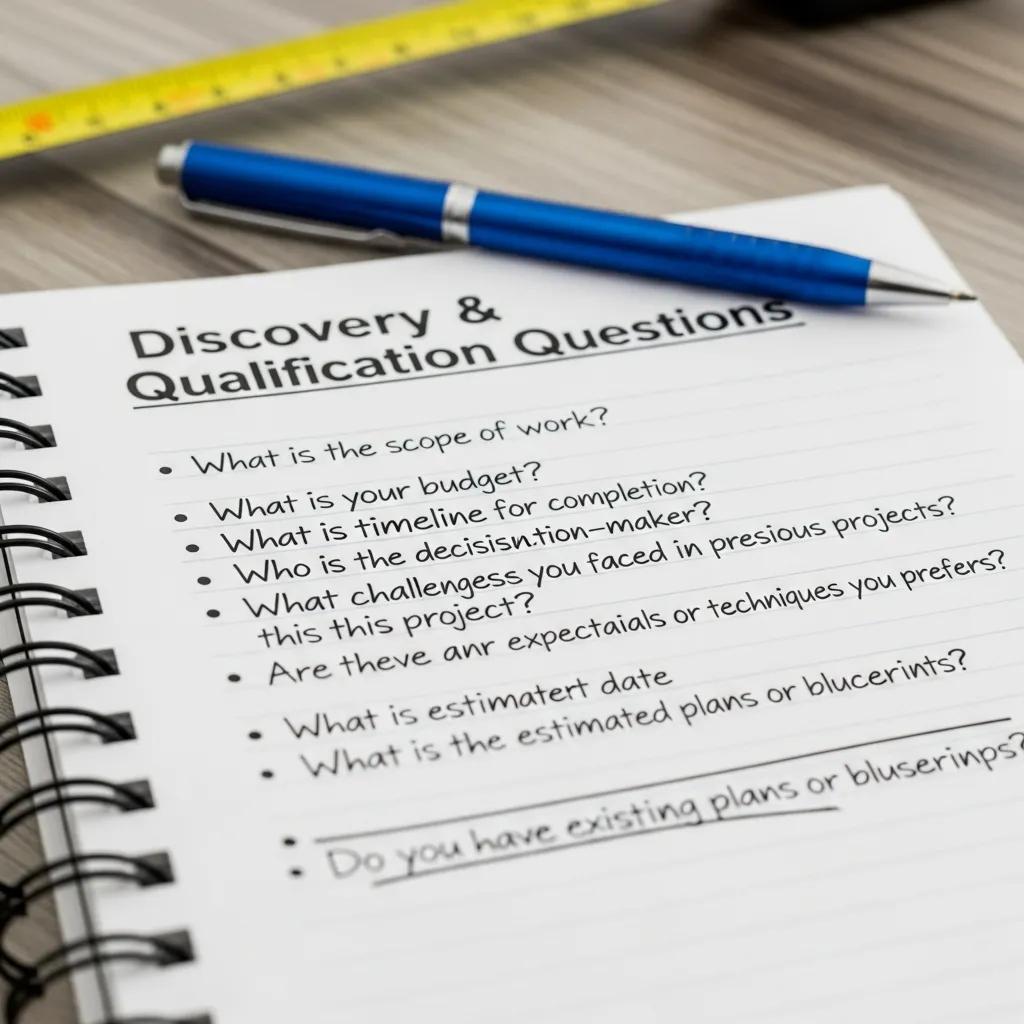 Close-up of a contractor’s notepad with practical questions for discovery and qualification