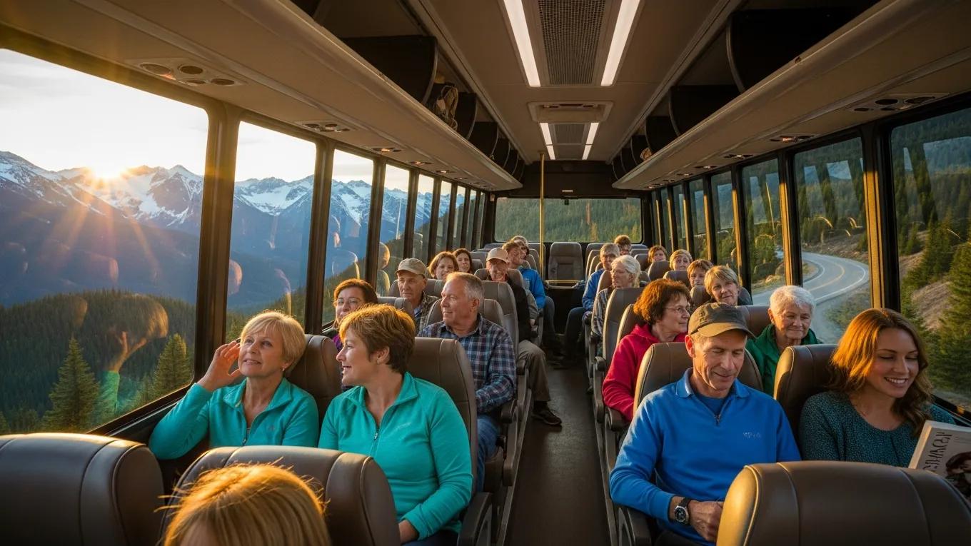Passengers in a comfortable shuttle bus enjoying the scenic route from Kamloops to Sun Peaks Passengers in a comfortable shuttle bus enjoying the scenic route from Kamloops to Sun Peaks