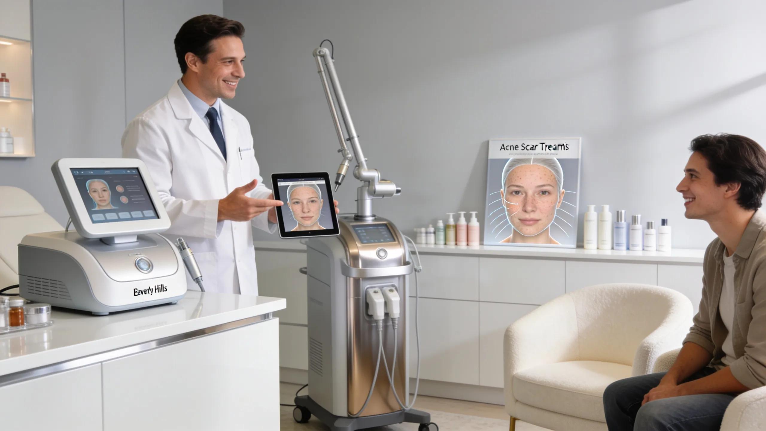Dermatologist consulting with a patient in a modern Beverly Hills clinic about acne scar treatments