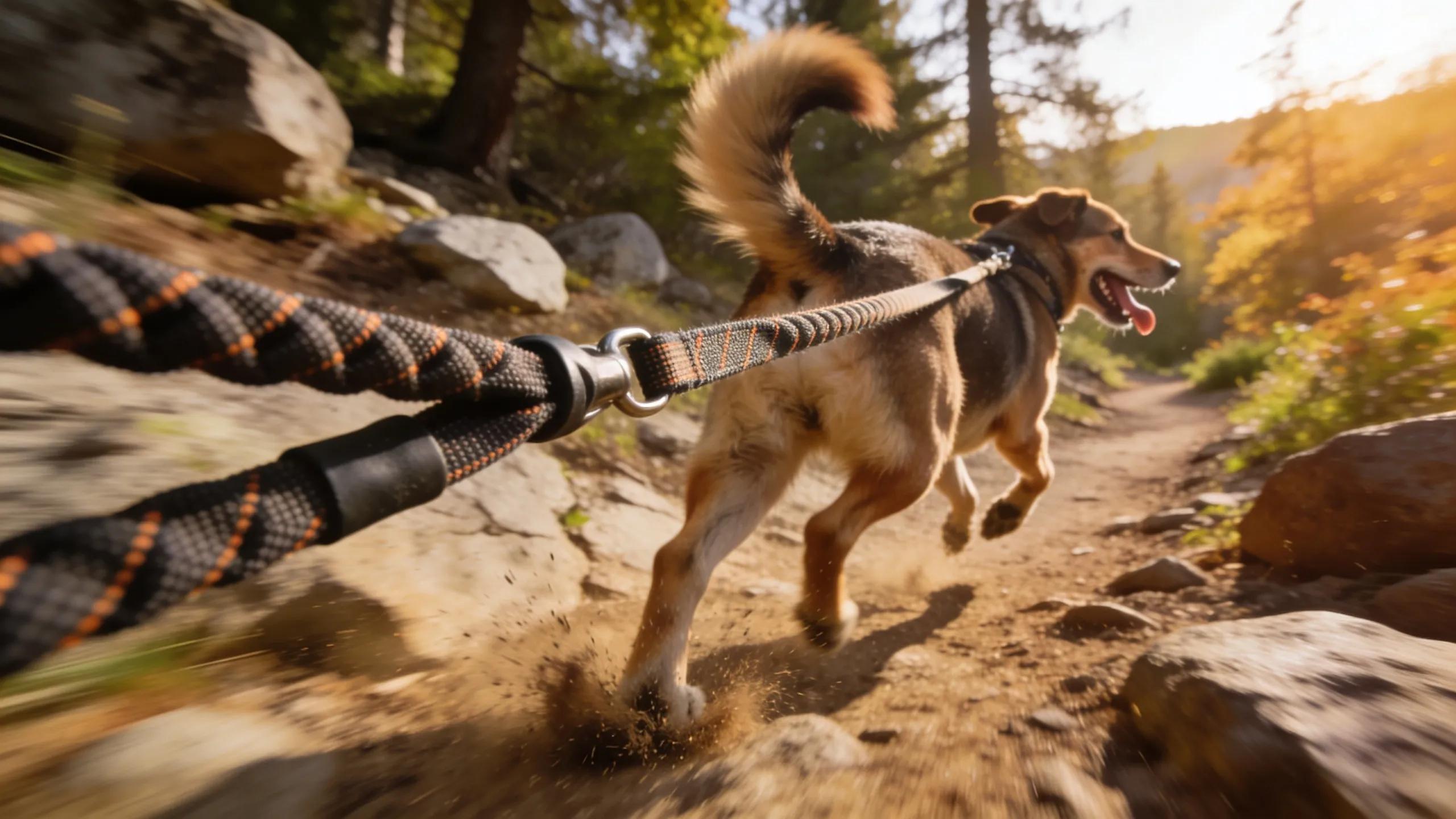 Dog pulling on a bungee leash during a hike, highlighting shock absorption