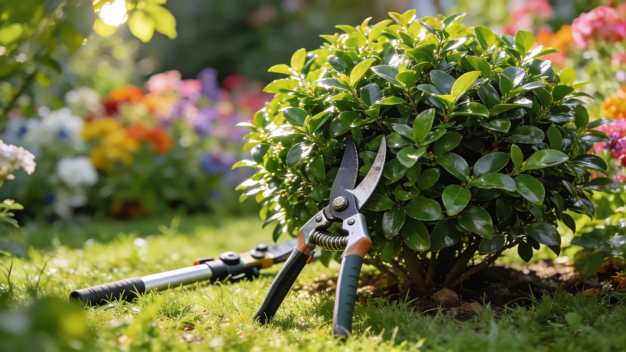 Healthy bush in a vibrant garden with trimming tools, emphasizing landscape maintenance