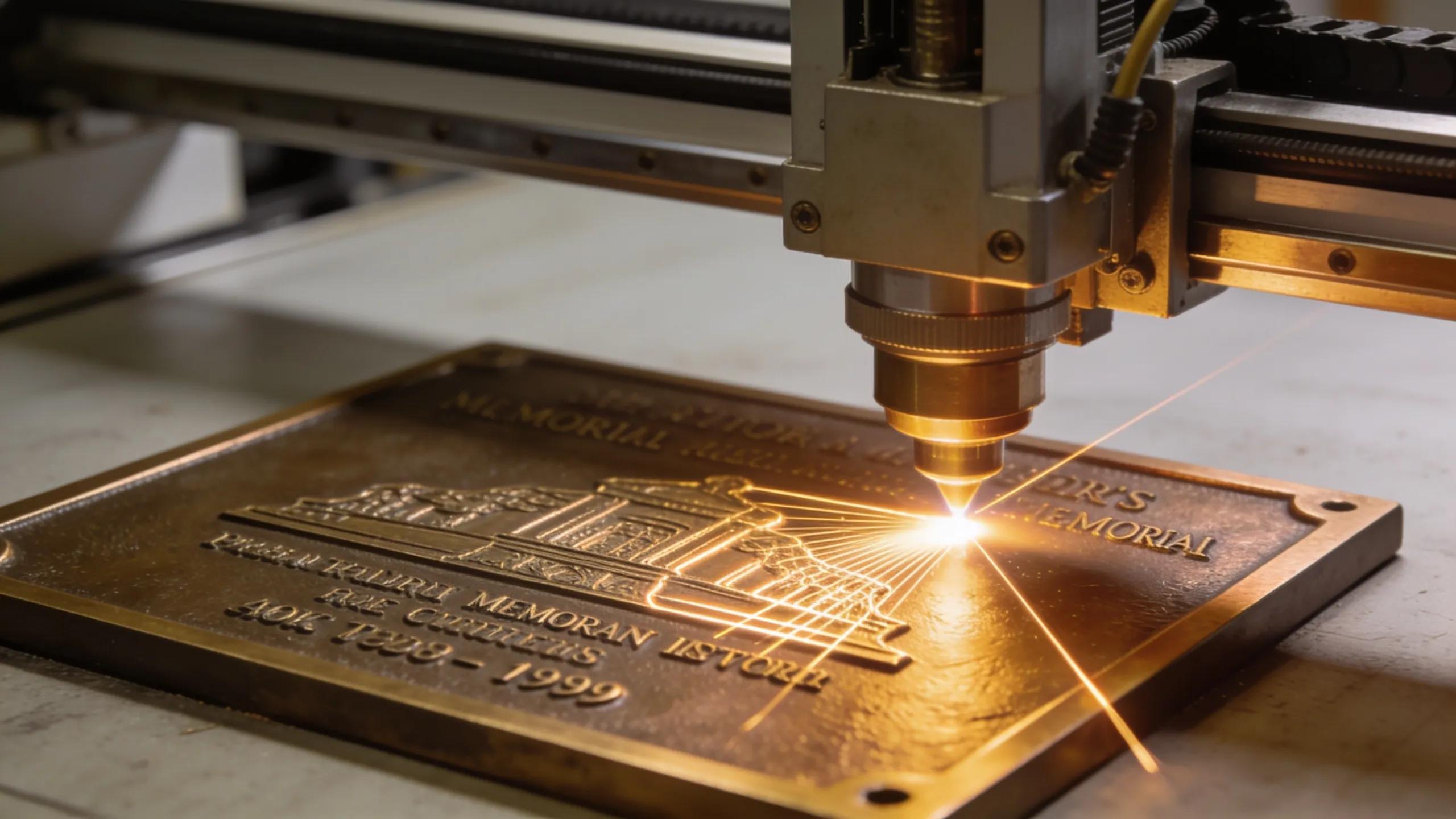 Durable Grave Markers That Endure Time and Elements 3 Craftsman using a laser engraving machine on a bronze memorial plaque for clear inscriptions