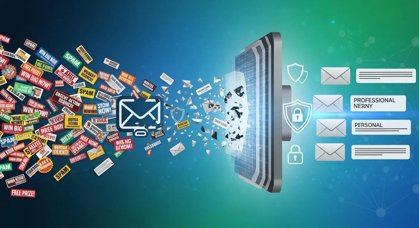 Graphic showing spam messages being filtered away to protect email privacy and security