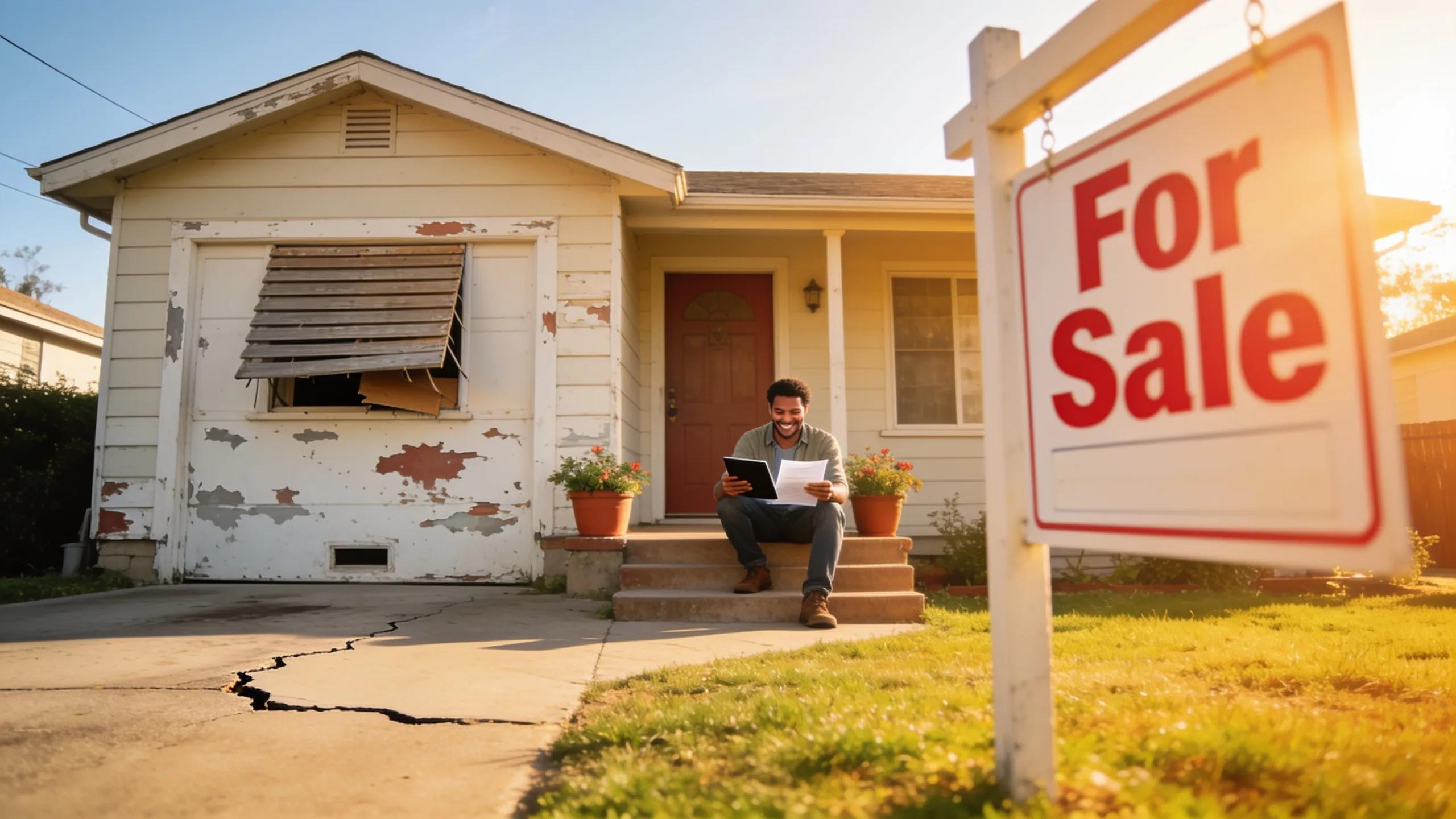 House in need of repairs with For Sale sign, illustrating benefits of selling As-Is to cash buyers