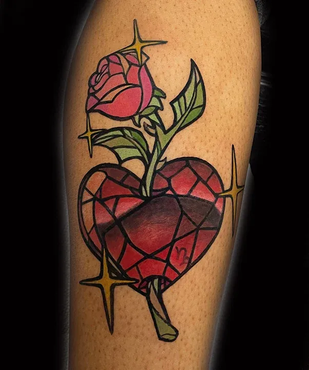 Traditional-style tattoo of a pink rose growing out of a faceted red heart with yellow sparkle accents.