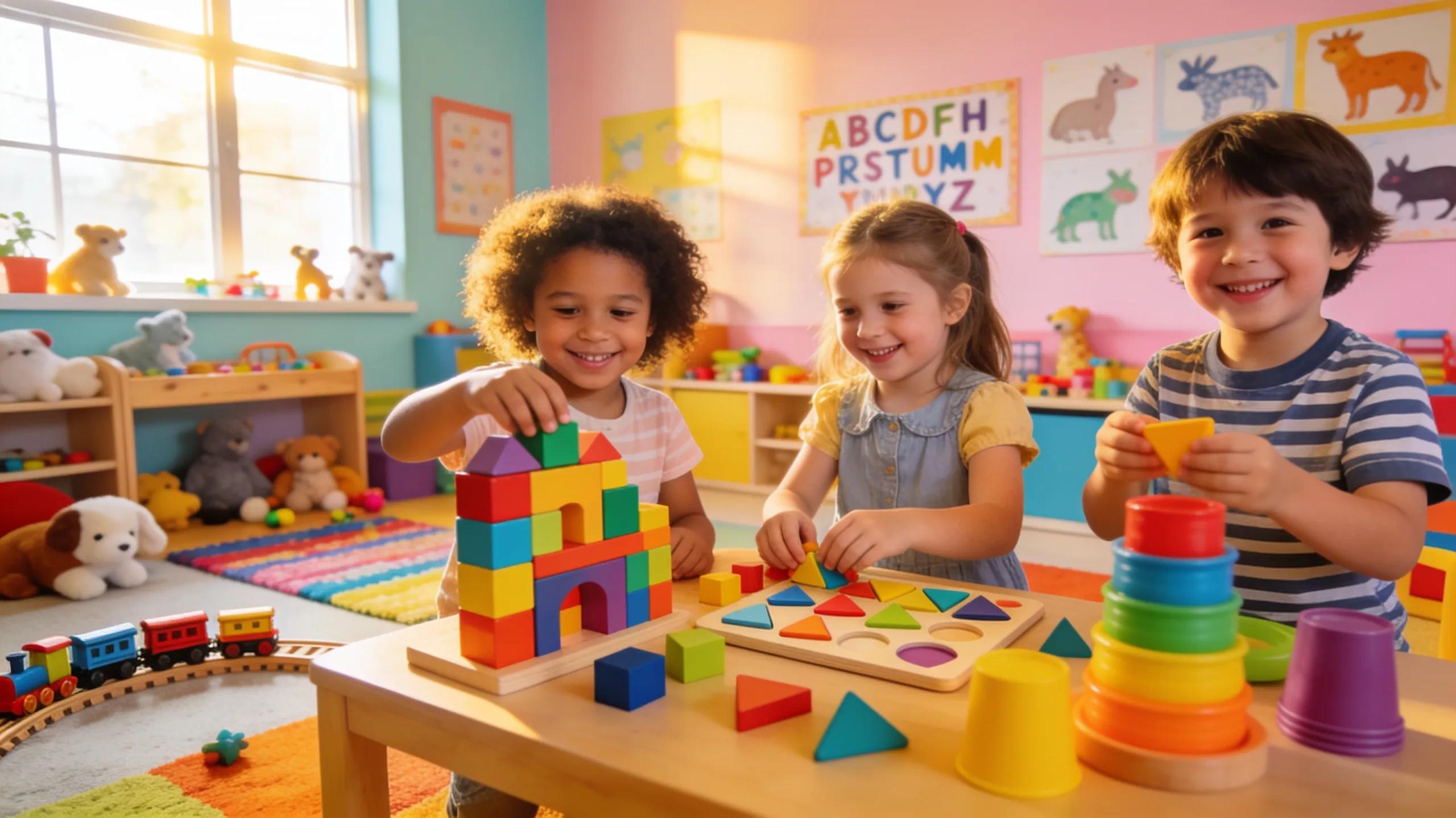 Children engaging in parallel play in a colorful early learning environment, showcasing social interaction and joy Children engaging in parallel play in a colorful early learning environment, showcasing social interaction and joy
