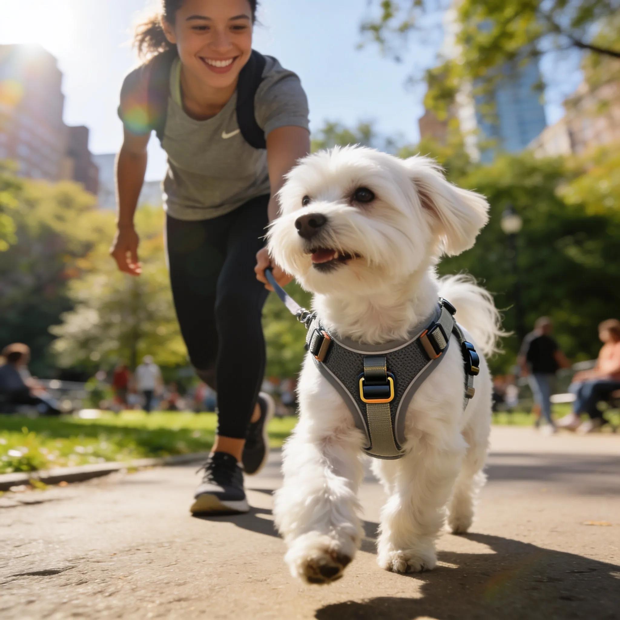 Maltese wearing an escape-proof harness on a park walk—secure closures and snug fit highlighted