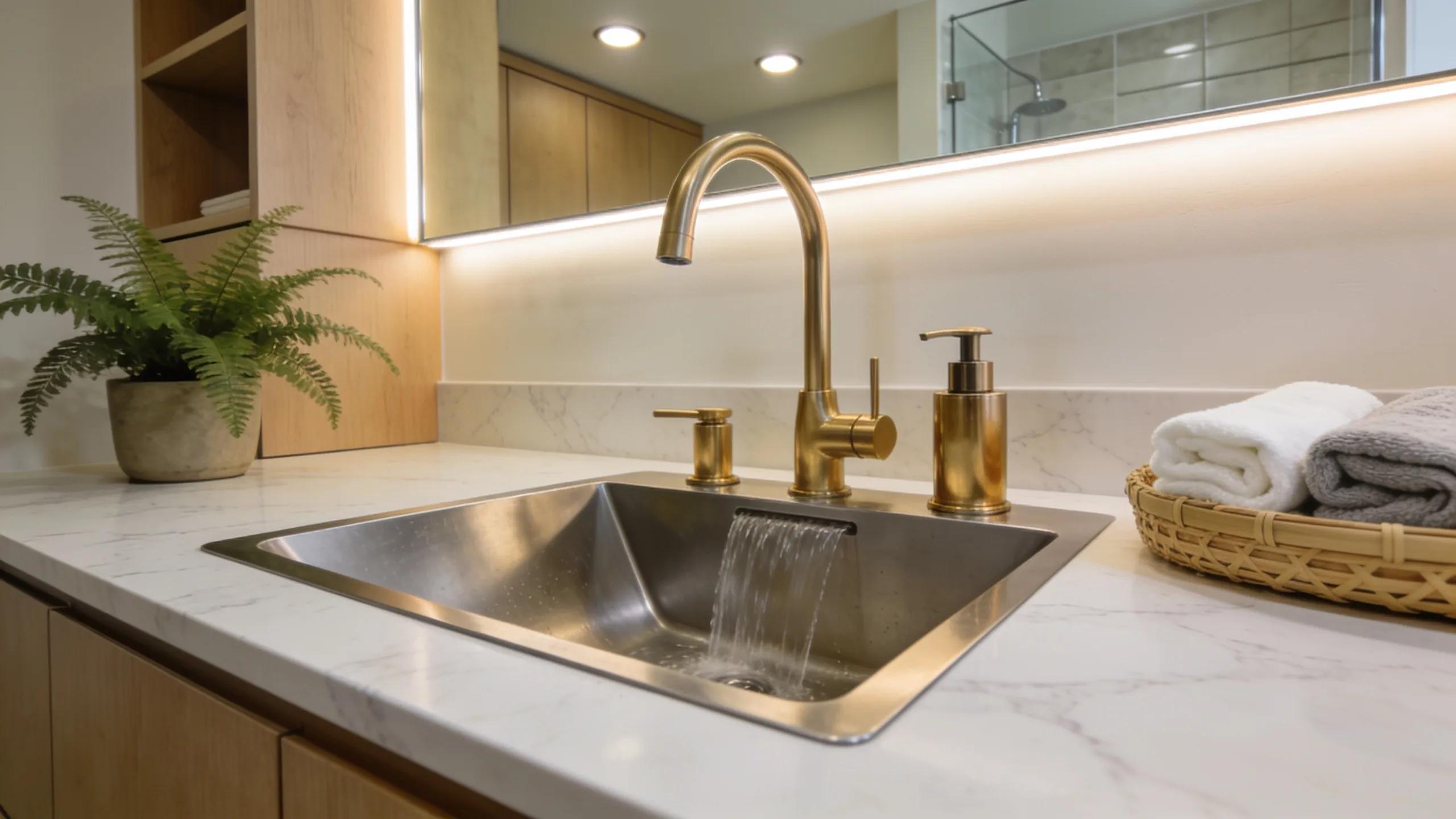 Elegant stainless steel waterfall sink with PVD gold tapware in a modern Australian bathroom