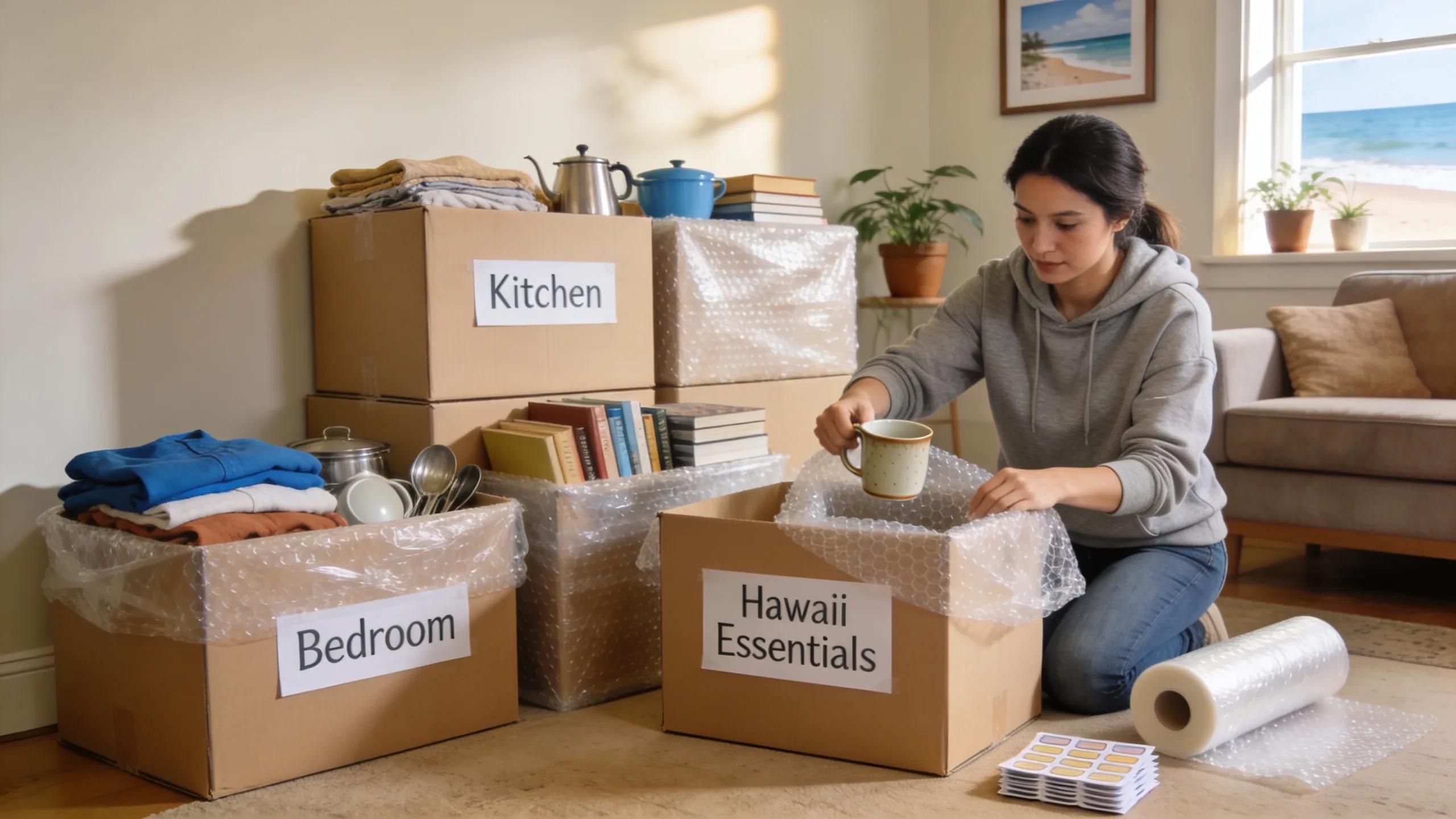Organized packing materials and boxes ready for a move to Hawaii