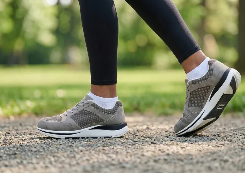 Person walking comfortably in diabetic shoes, illustrating health benefits like improved mobility and pain relief