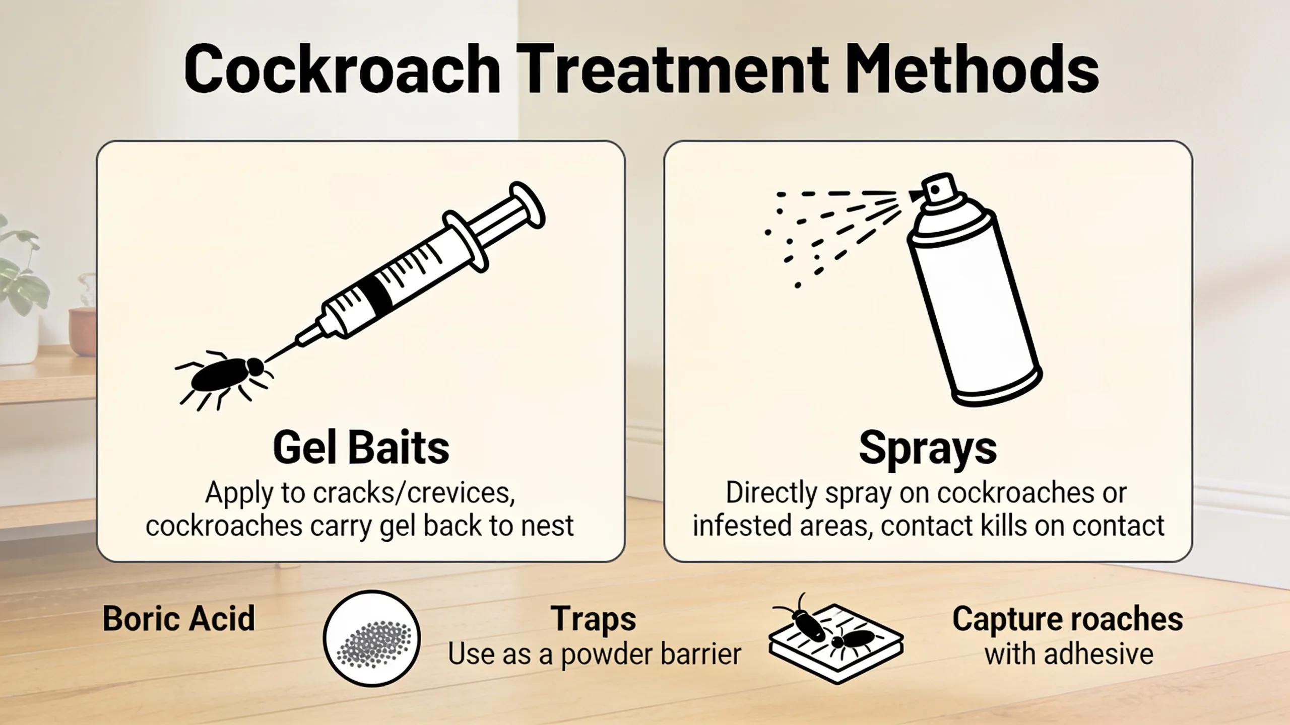 Various cockroach treatment methods including gel baits and sprays
