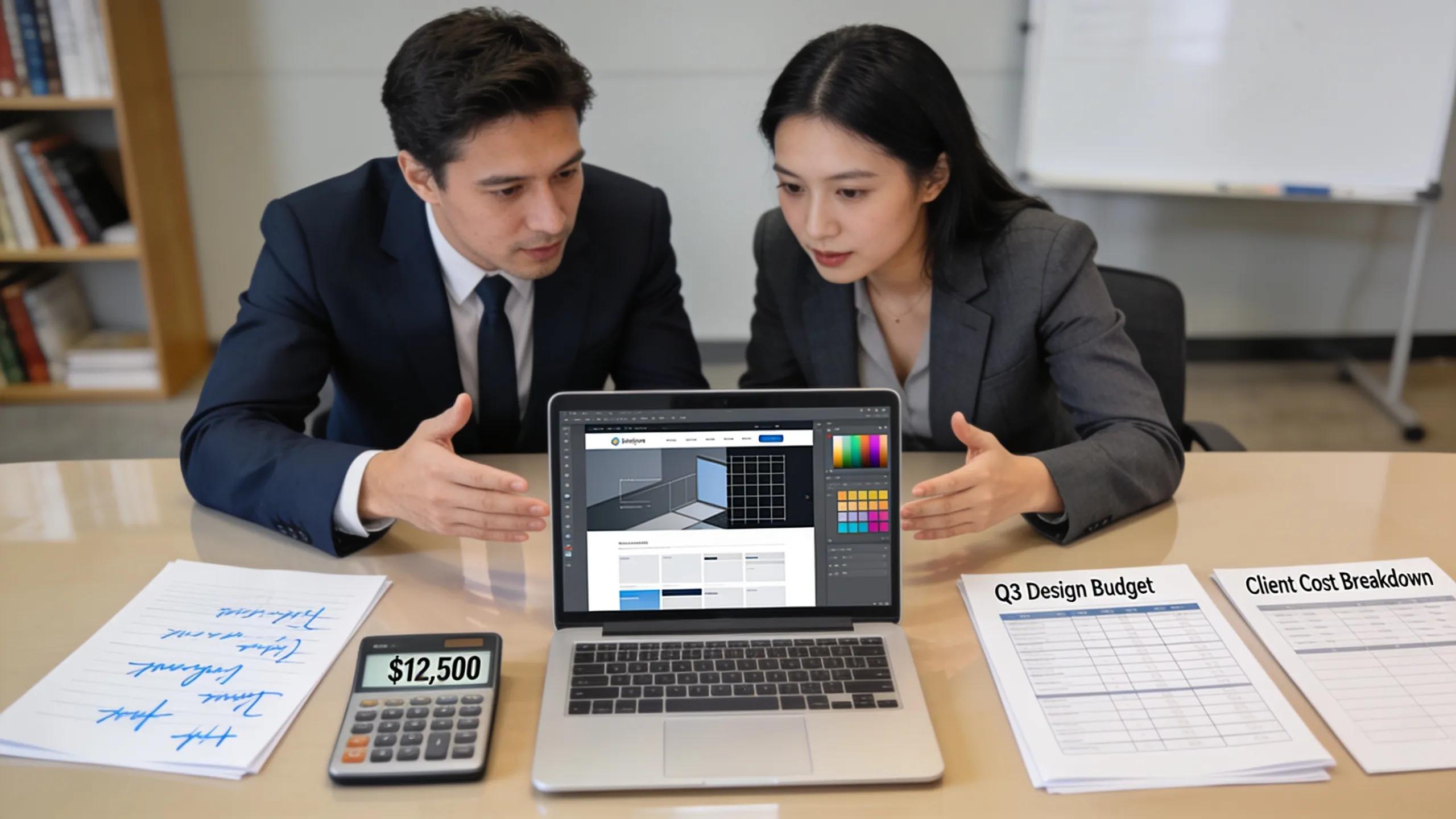Business meeting discussing the cost of hiring a professional website designer