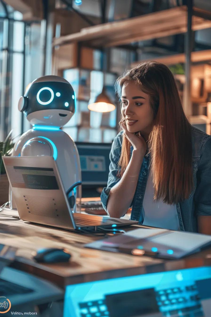 A customer service professional seamlessly interacting with an AI chatbot in a dynamic office environment A customer service professional seamlessly interacting with an AI chatbot in a dynamic office environment