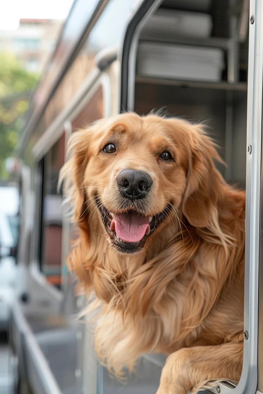 Mobile pet grooming van providing at-home grooming services to a happy dog in a suburban setting