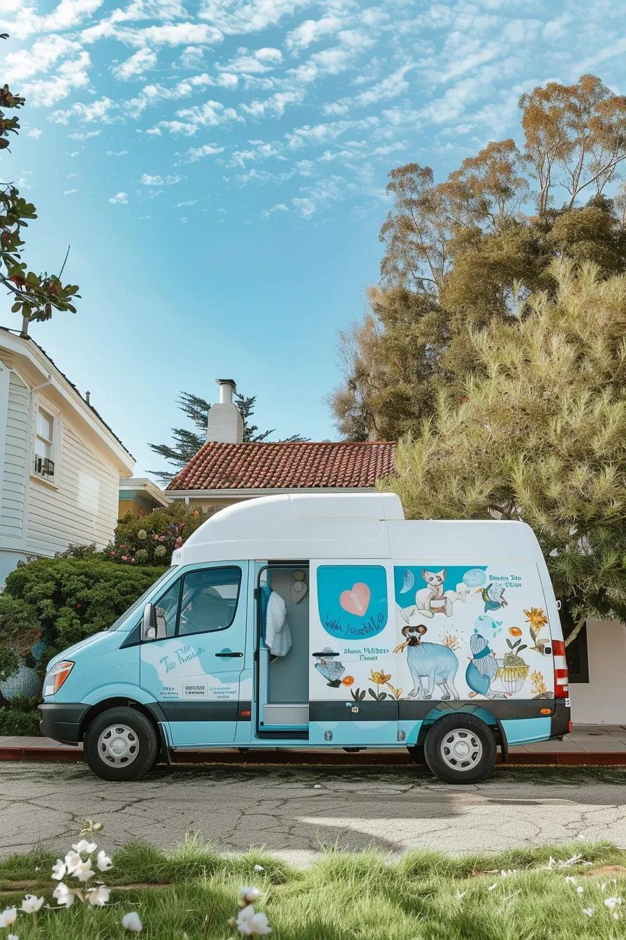 A friendly mobile dog grooming van parked at a happy client's home, ready to pamper their furry friend