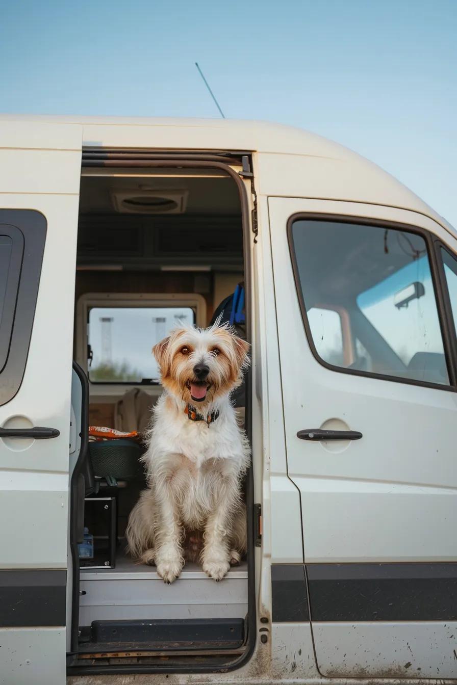 Mobile dog grooming van offering convenient at-home grooming with a happy dog and groomer