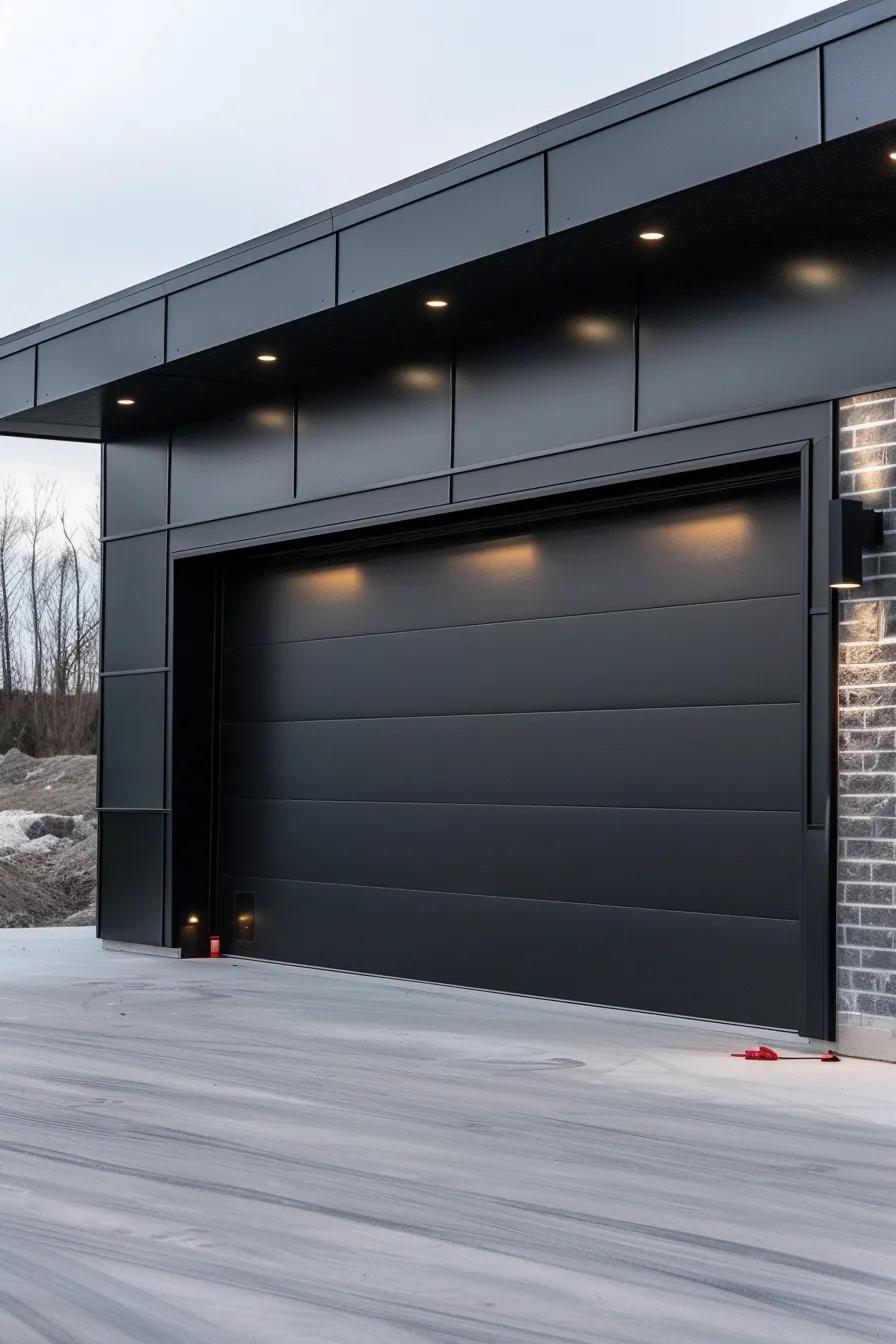 Garage door with security enhancements including slide lock and motion sensor lighting